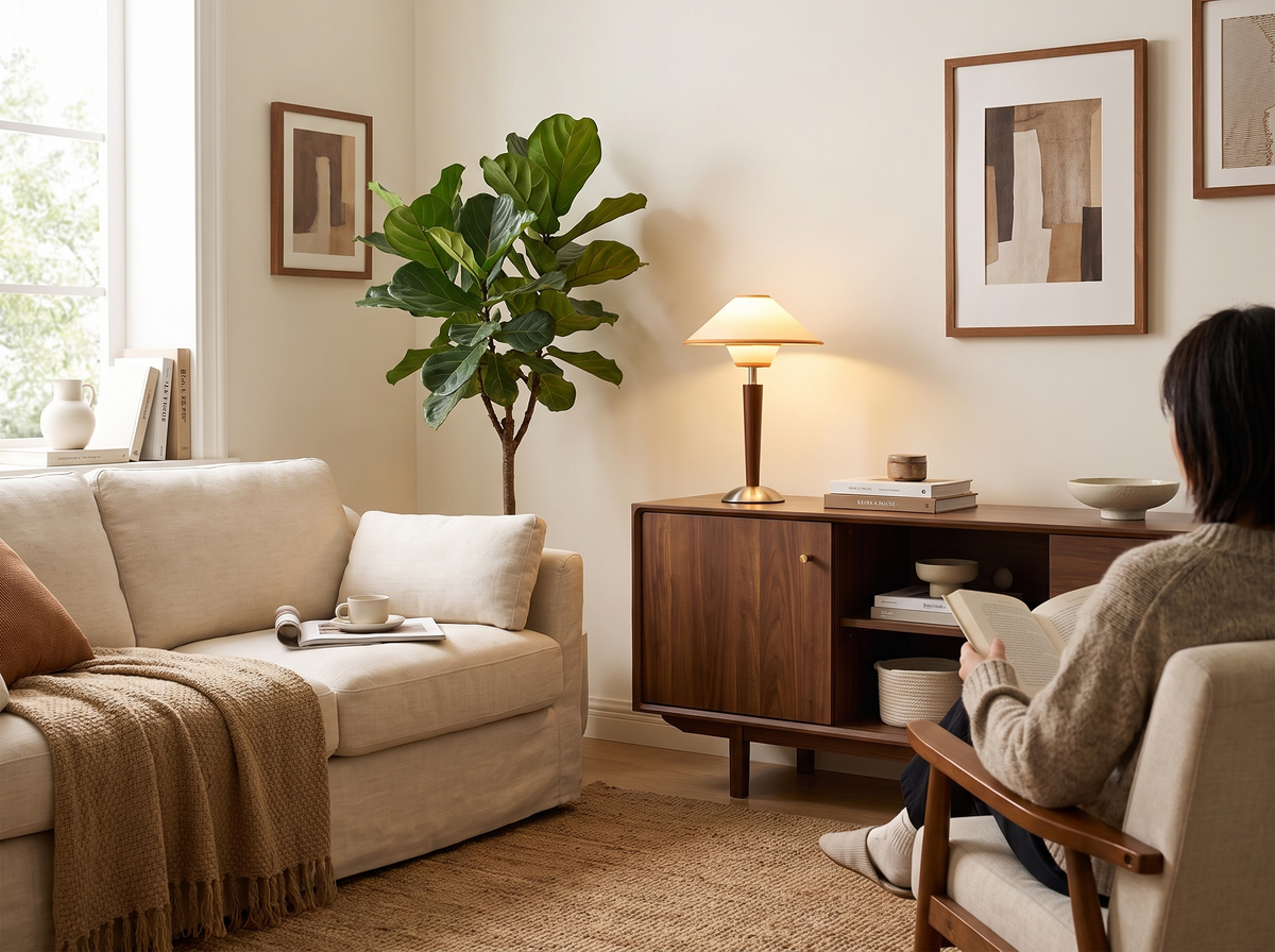 Alden table lamp in a warm living room, person shown from behind