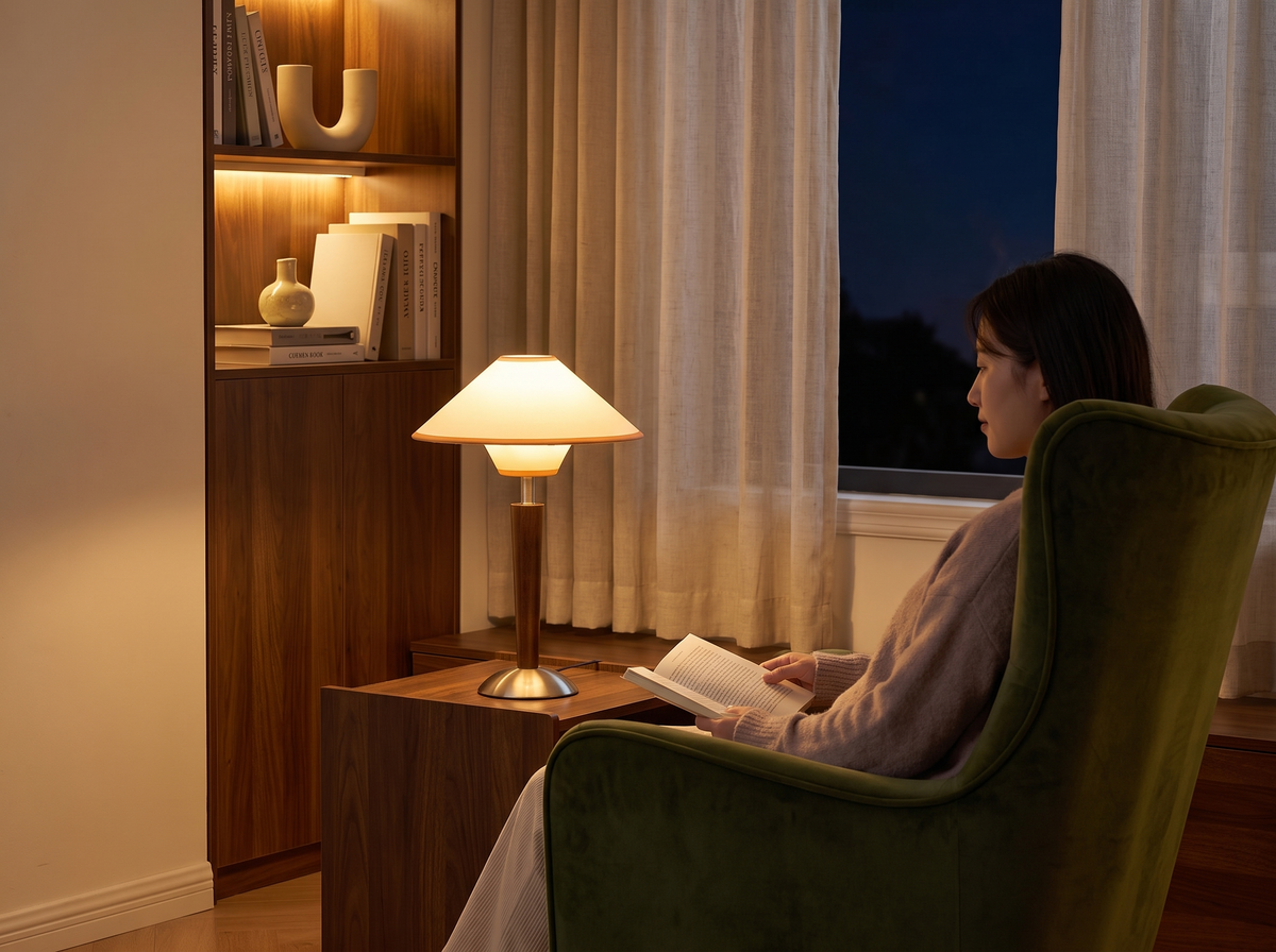 Alden table lamp in a cozy bedroom reading nook, person shown from behind