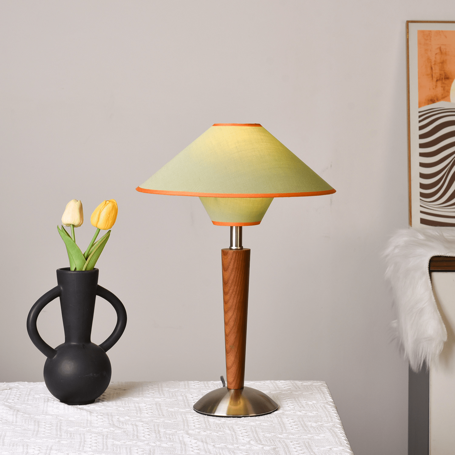 Alden Wood and Metal Fabric Shade Bedside Table Lamp for Living Rooms
