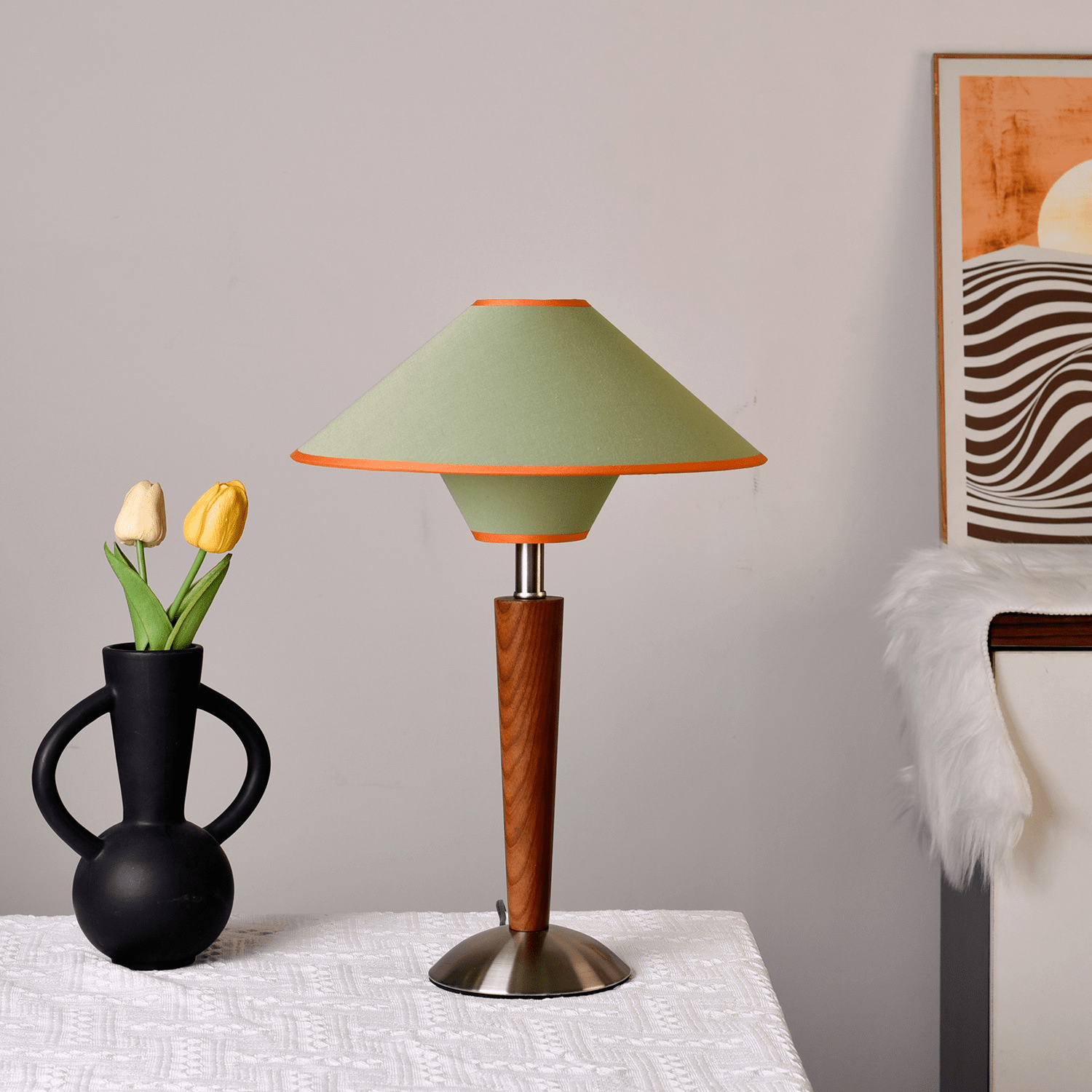 Alden Wood and Metal Fabric Shade Bedside Table Lamp for Living Rooms
