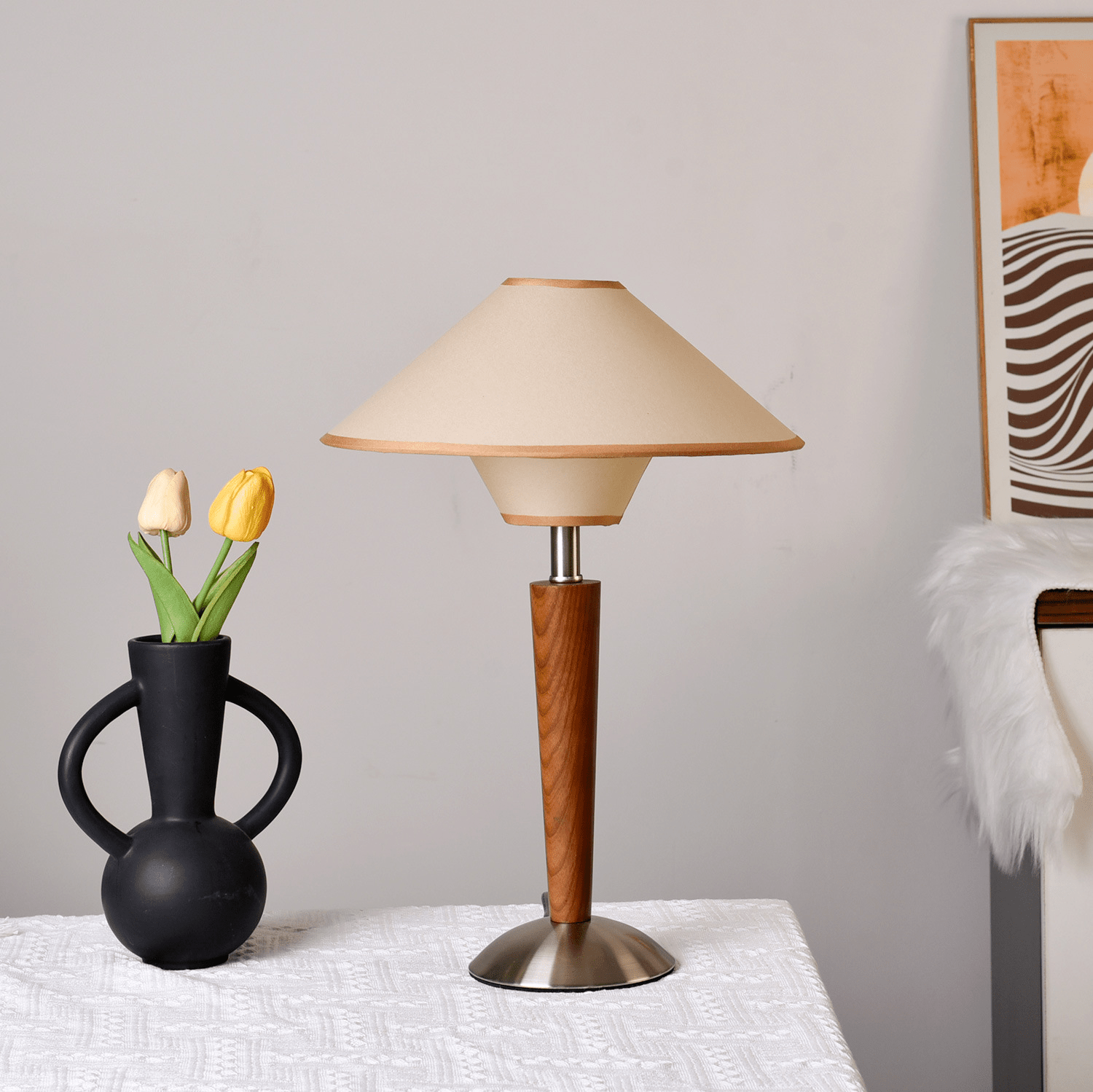 Alden Wood and Metal Fabric Shade Bedside Table Lamp for Living Rooms