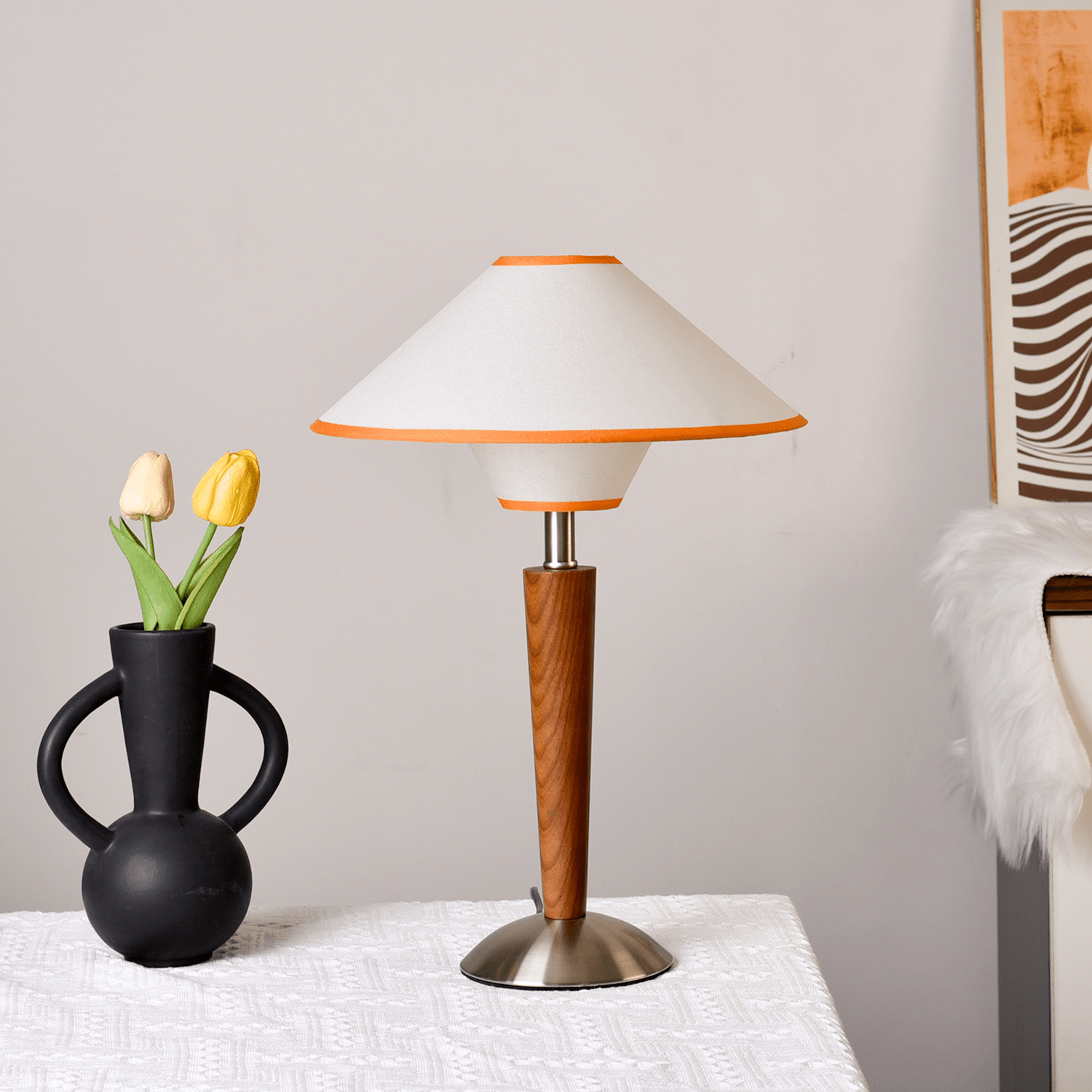 Alden Wood and Metal Fabric Shade Bedside Table Lamp for Living Rooms