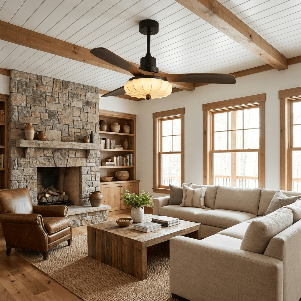 Hasu Walnut Wood Fabric Shade Ceiling Fan for Living Room & Bedroom