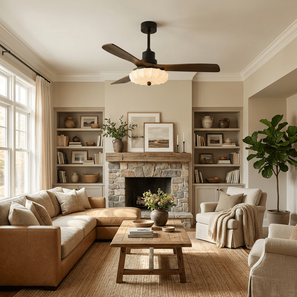 Hasu Walnut Wood Fabric Shade Ceiling Fan for Living Room & Bedroom