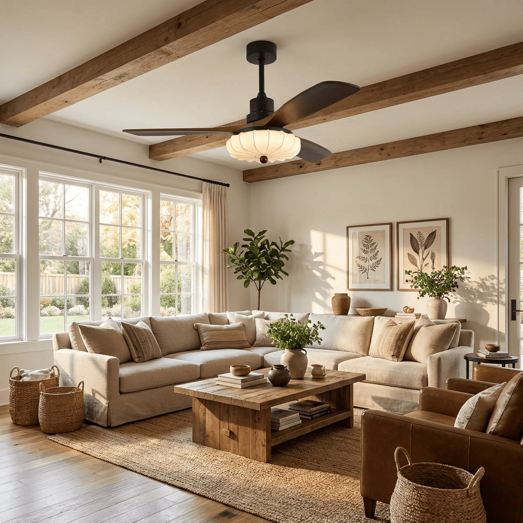 Hasu Walnut Wood Fabric Shade Ceiling Fan for Living Room & Bedroom