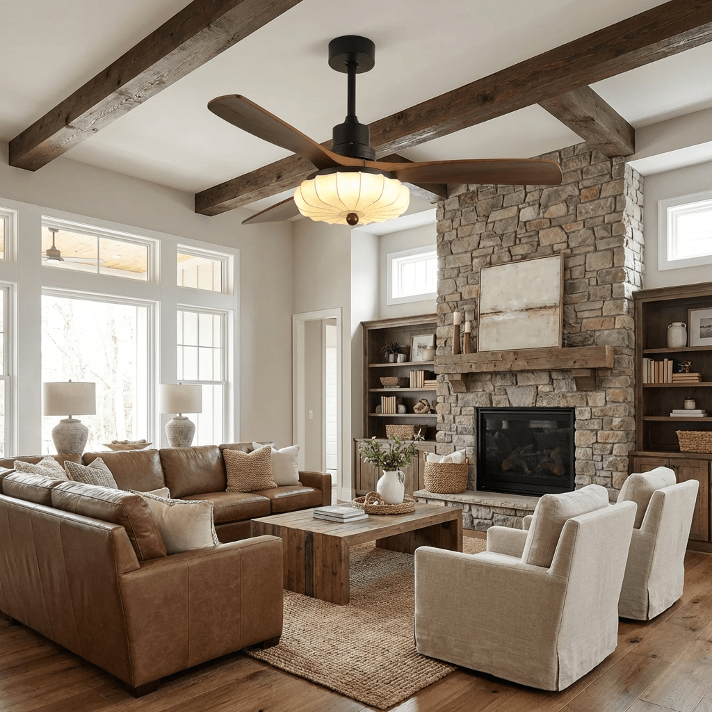 Hasu Walnut Wood Fabric Shade Ceiling Fan for Living Room & Bedroom