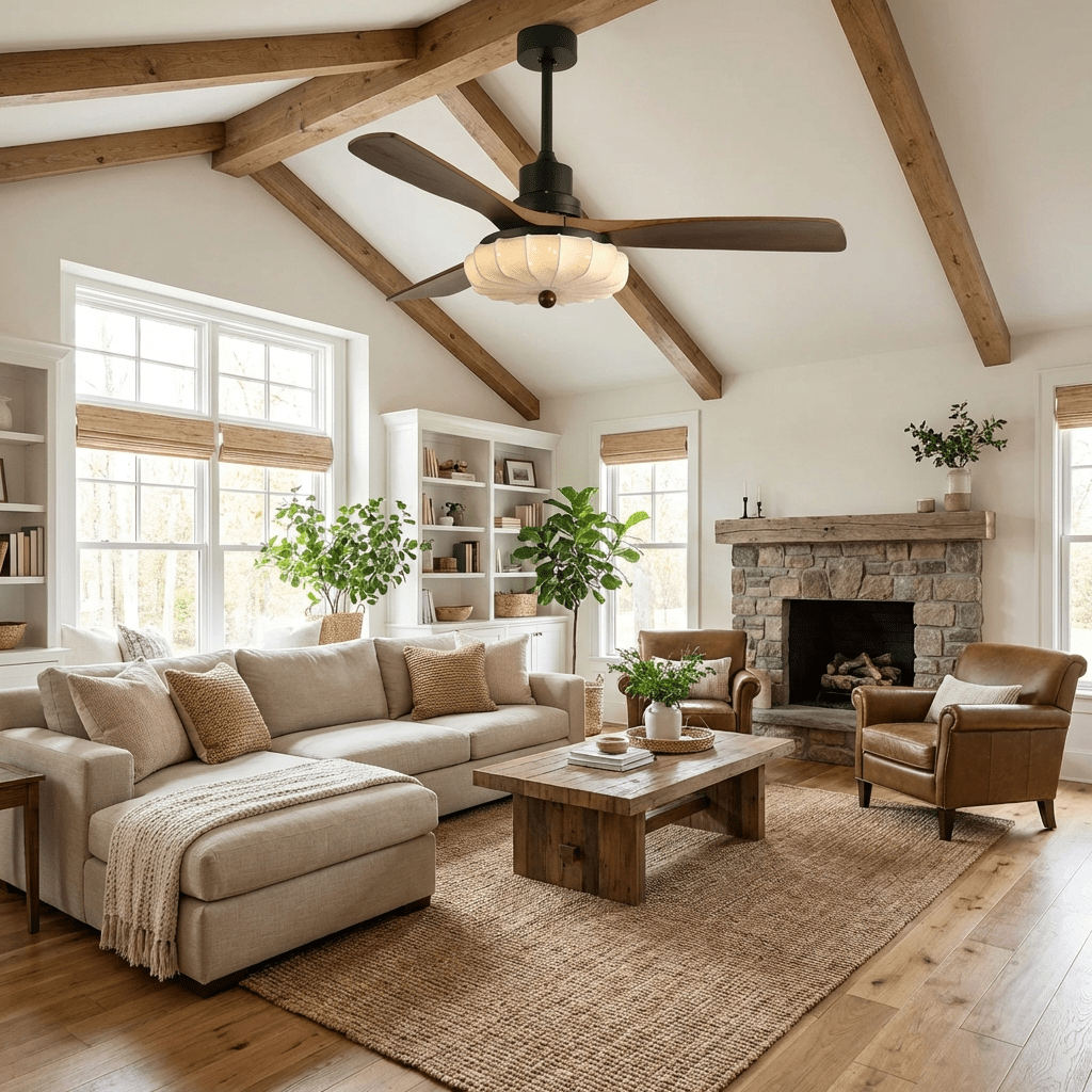 Hasu Walnut Wood Fabric Shade Ceiling Fan for Living Room & Bedroom