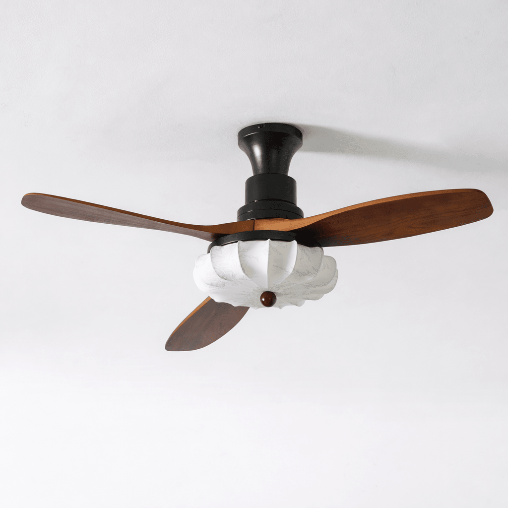 Hasu Walnut Wood Fabric Shade Ceiling Fan for Living Room & Bedroom