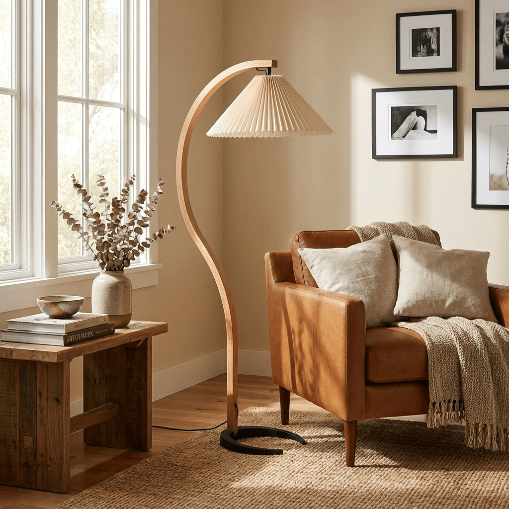 Linden Scandinavian Beechwood and Iron Floor Lamp for Living Rooms