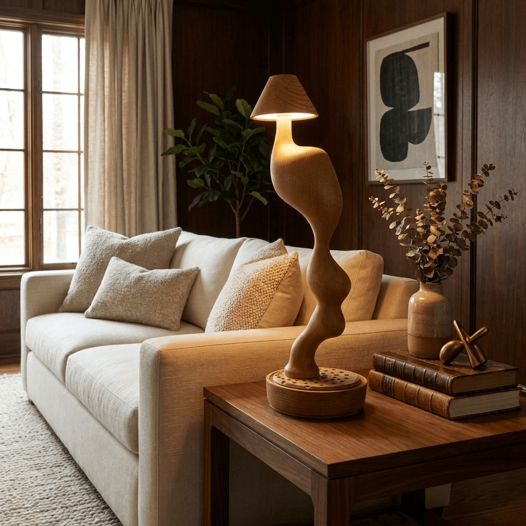 Fen Hand Carved Wood Cordless Table Lamp with Touch Dimmer for Bedside