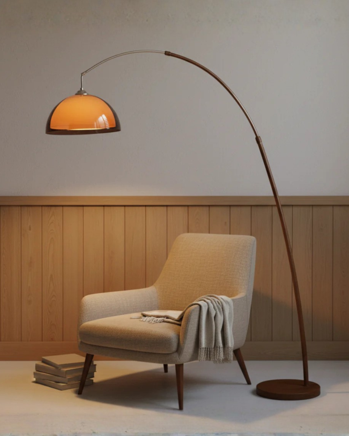 Cove Mid Century Walnut Arc Floor Lamp with Amber Dome Shade Sofa