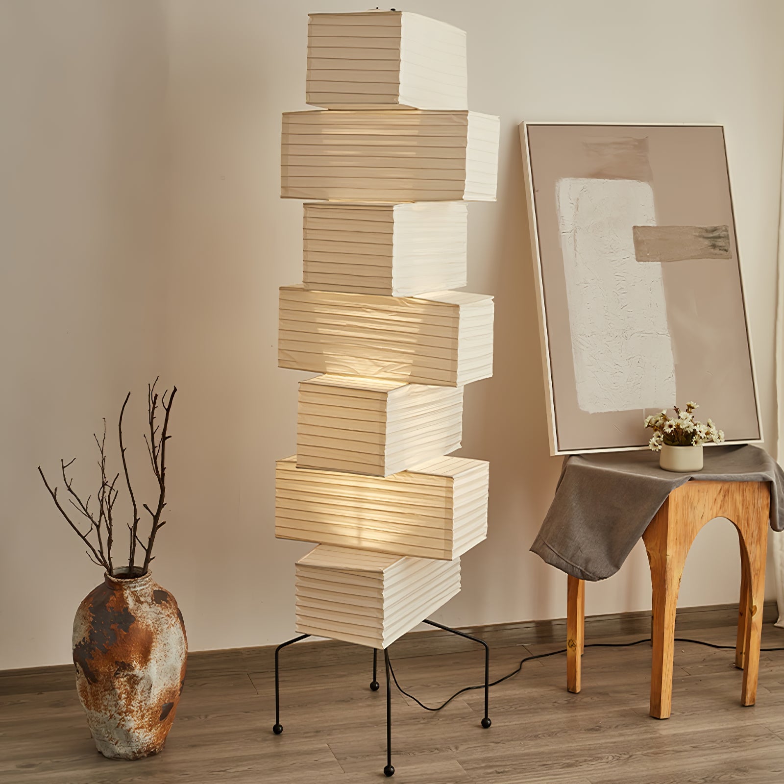 Sora Rice Stacked Paper Floor Lamp for Living Room & Bedroom