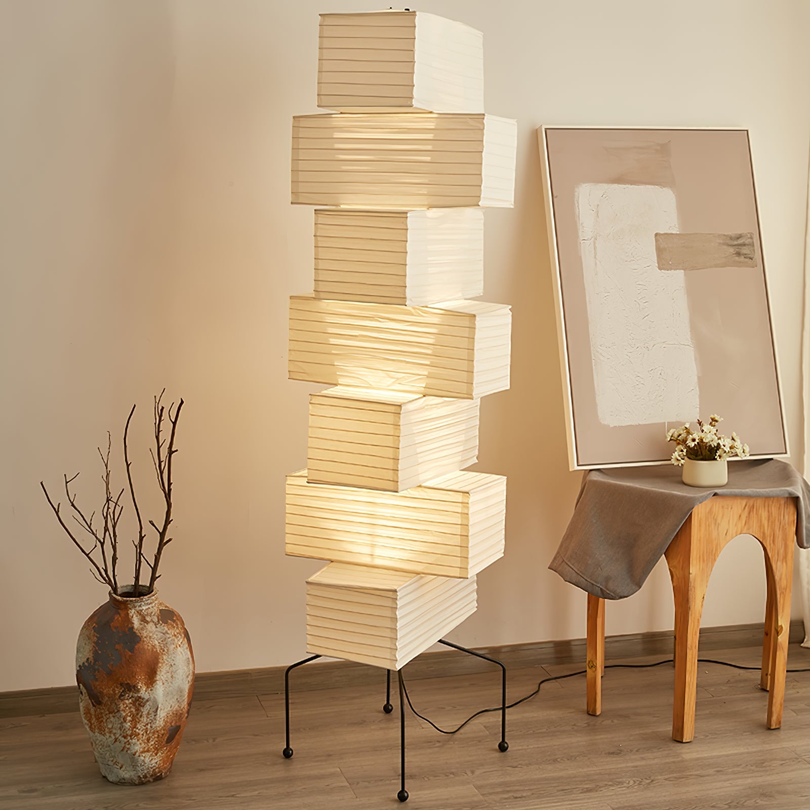 Sora Rice Stacked Paper Floor Lamp for Living Room & Bedroom
