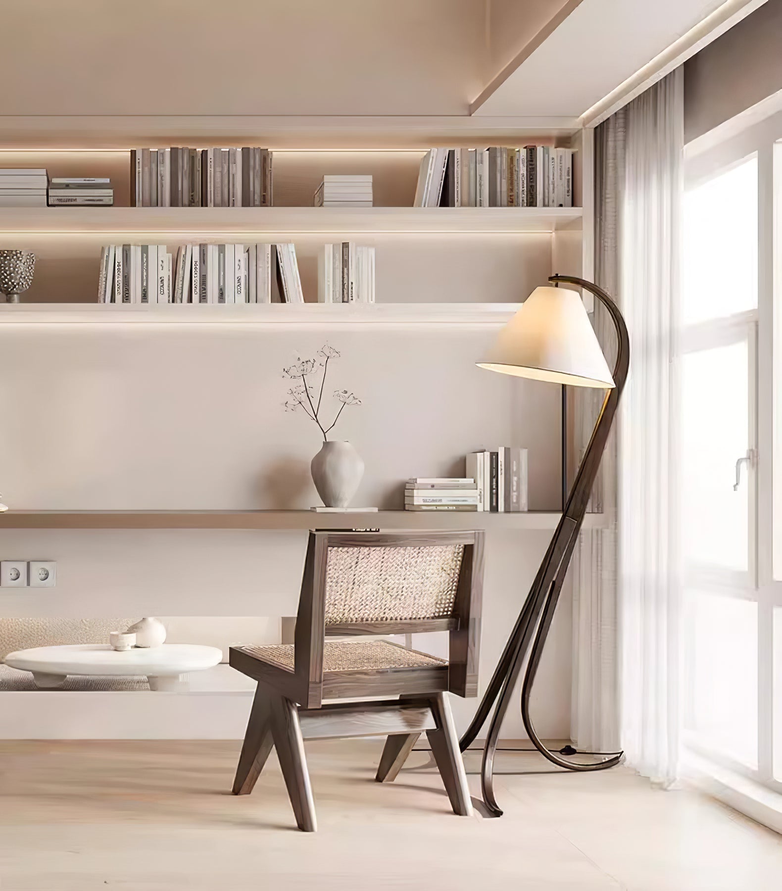 Bowen Curved Wood Arc Floor Lamp with Cone Shade for Living Room Study
