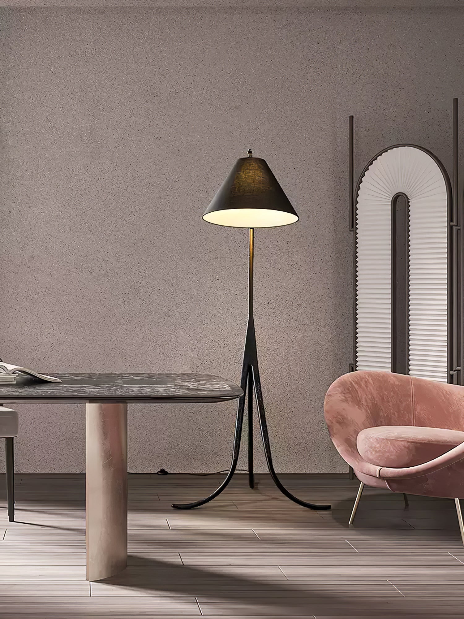 Bowen Curved Wood Arc Floor Lamp with Cone Shade for Living Room Study