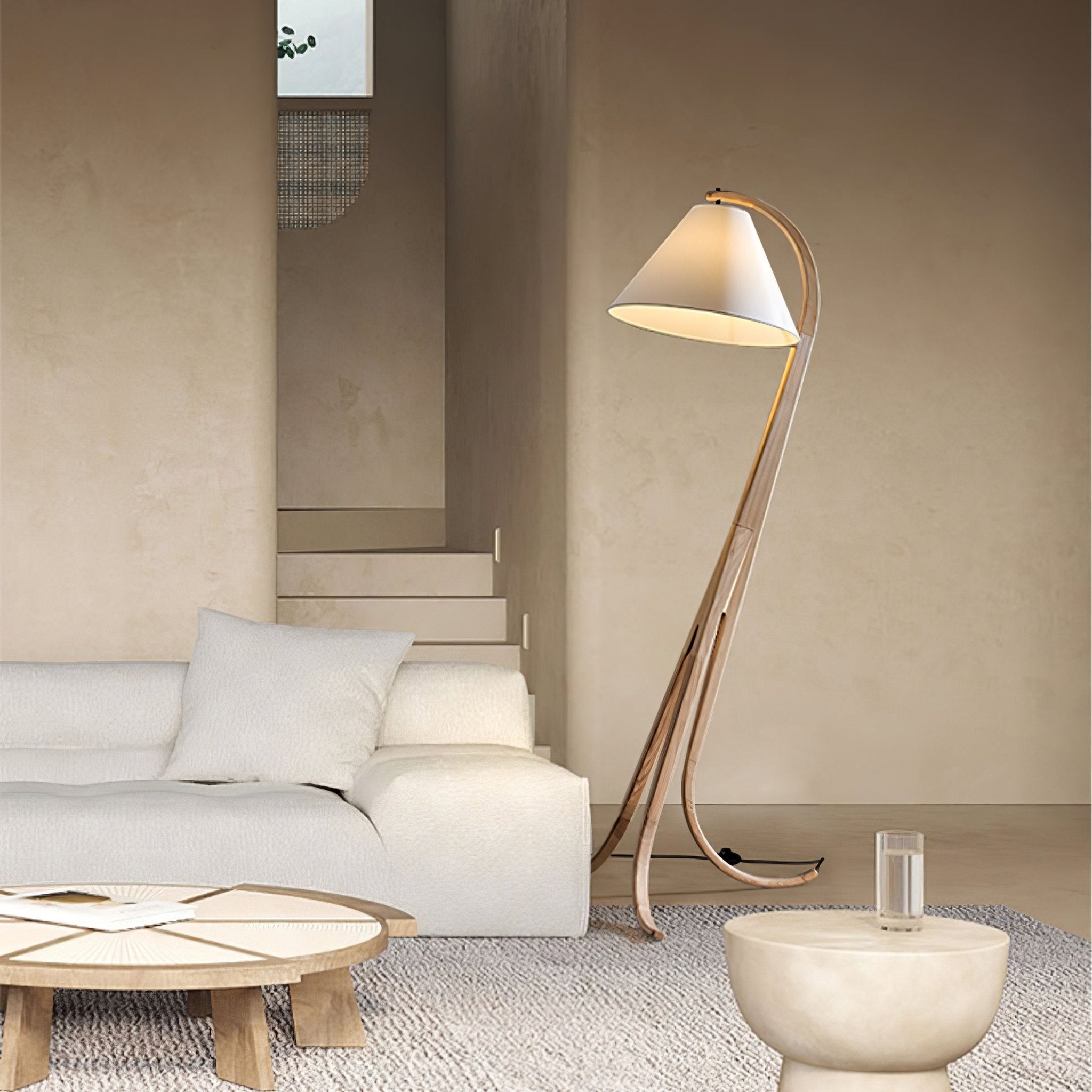 Bowen Curved Wood Arc Floor Lamp with Cone Shade for Living Room Study