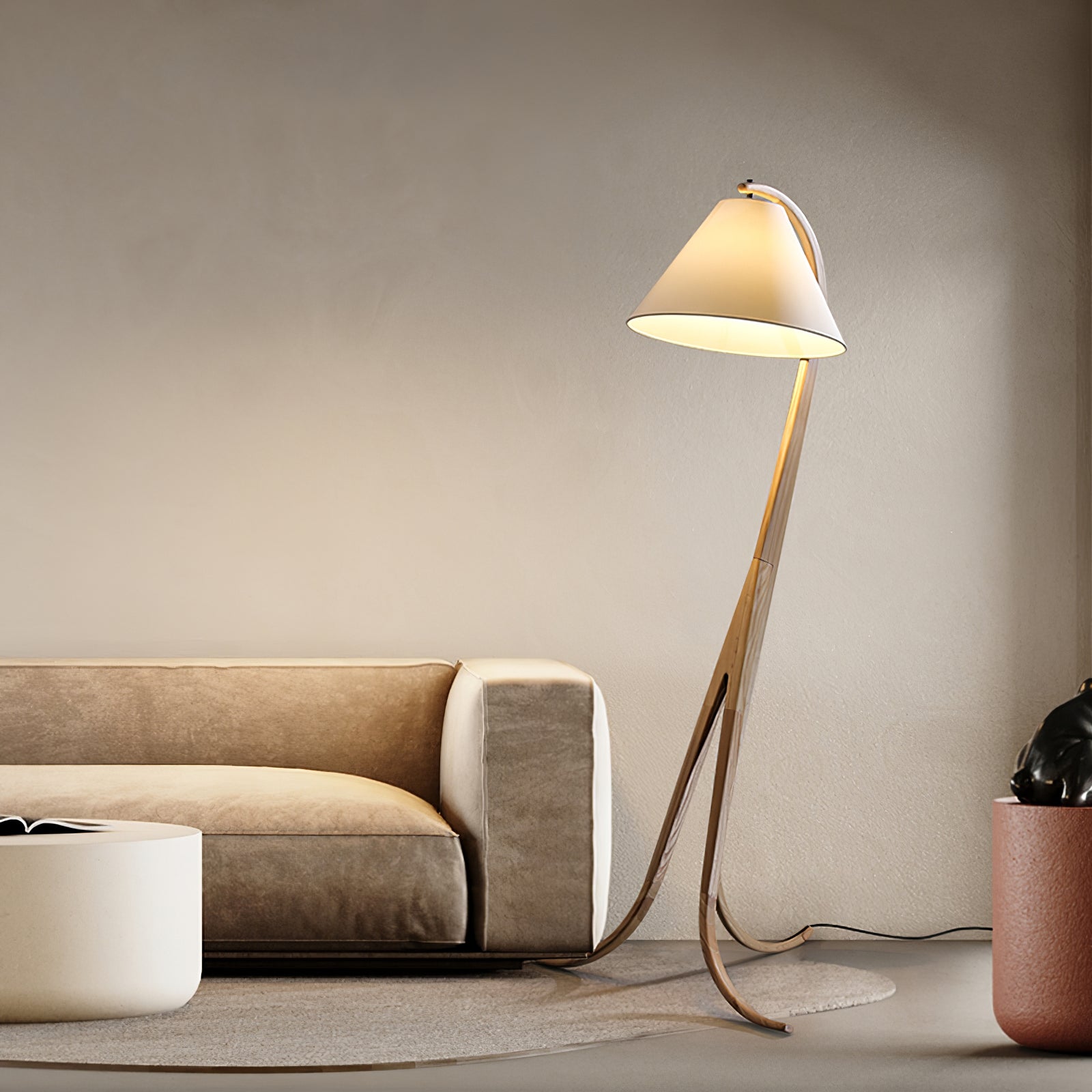 Bowen Curved Wood Arc Floor Lamp with Cone Shade for Living Room Study