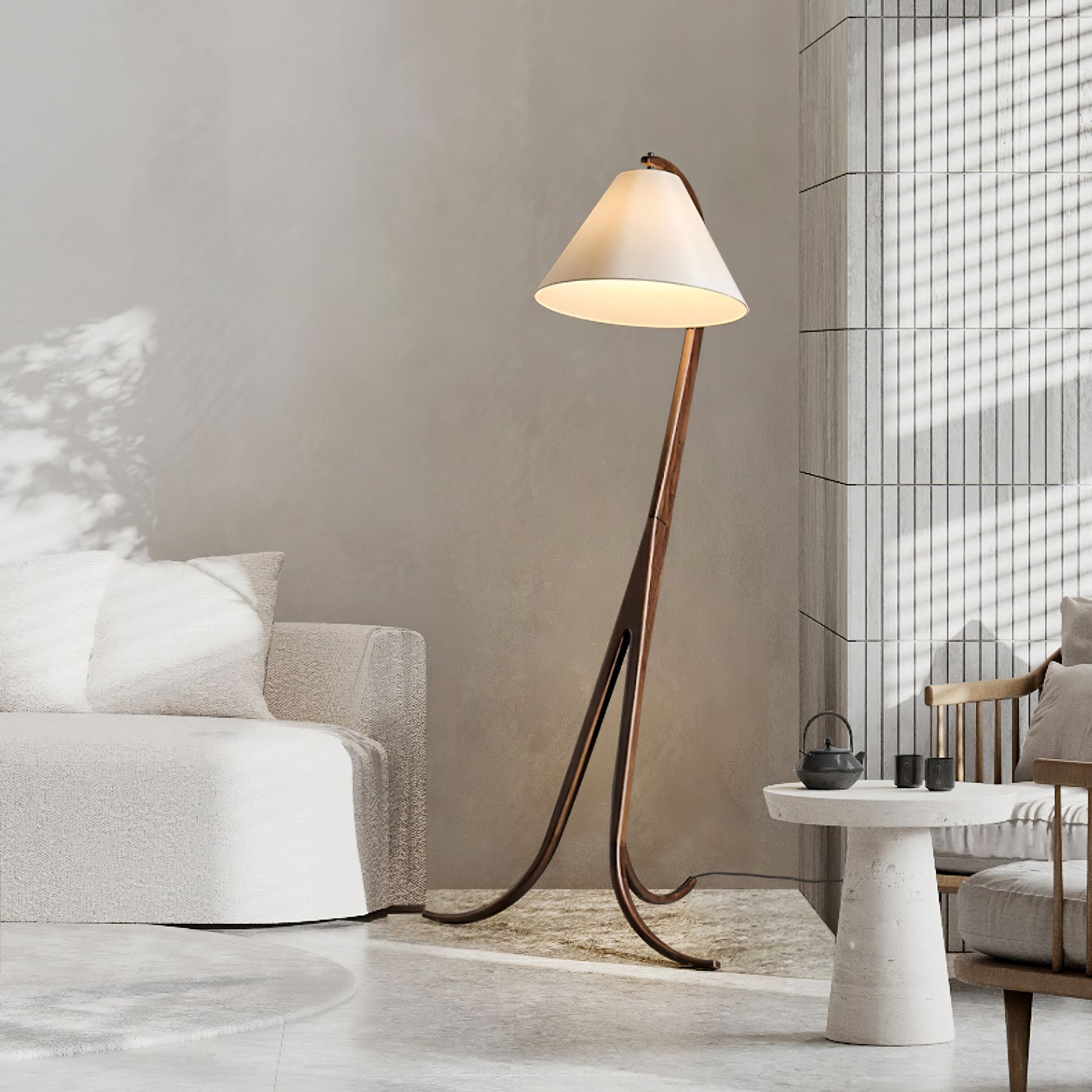 Bowen Curved Wood Arc Floor Lamp with Cone Shade for Living Room Study