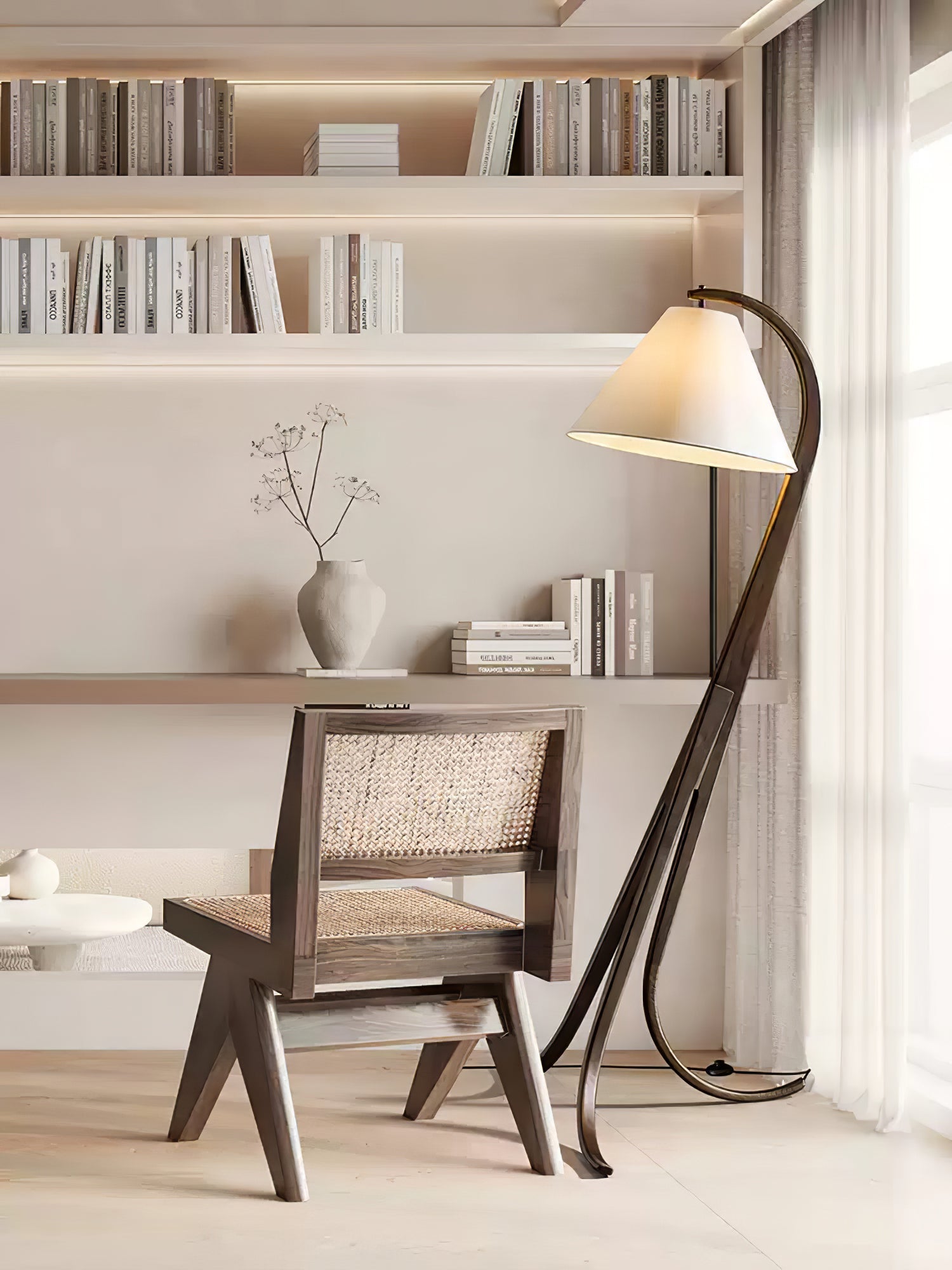 Bowen Curved Wood Arc Floor Lamp with Cone Shade for Living Room Study