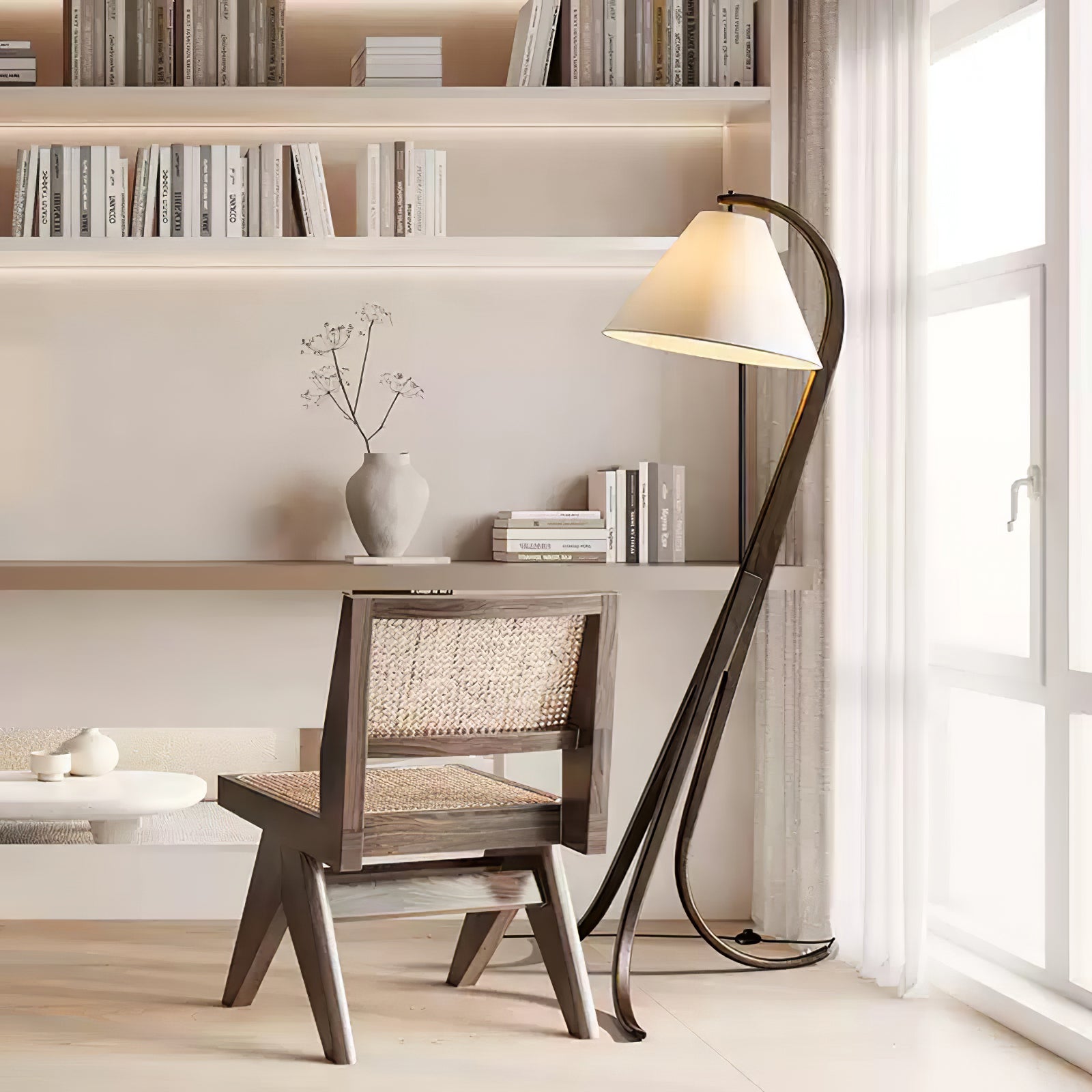 Bowen Curved Wood Arc Floor Lamp with Cone Shade for Living Room Study