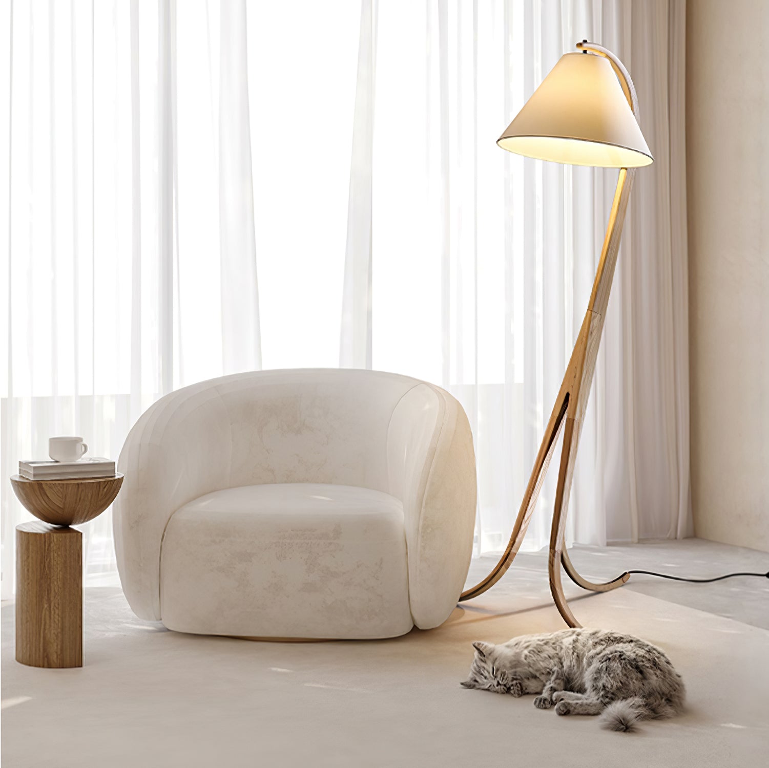 Bowen Curved Wood Arc Floor Lamp with Cone Shade for Living Room Study