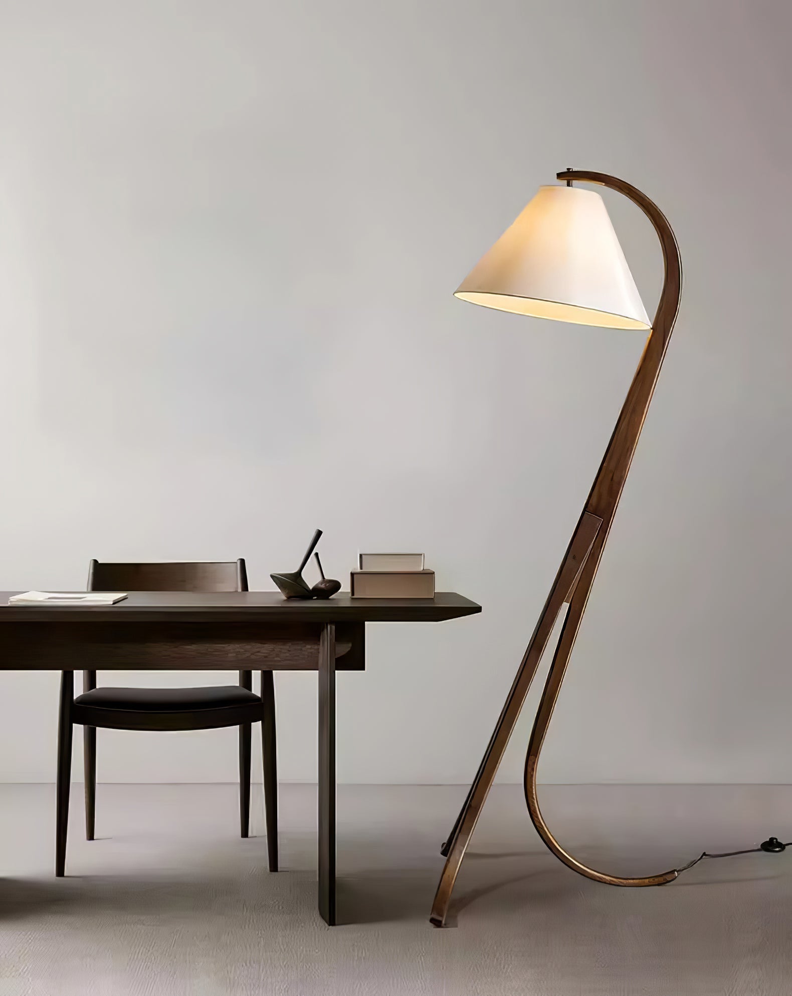 Bowen Curved Wood Arc Floor Lamp with Cone Shade for Living Room Study