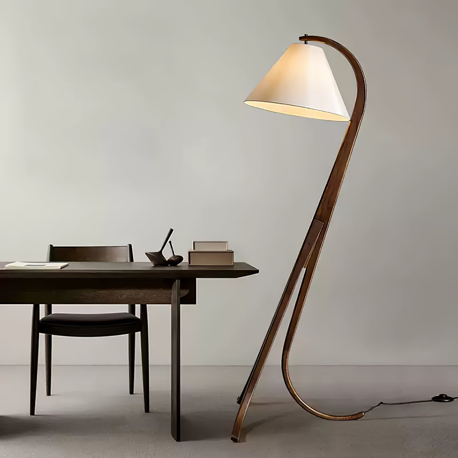 Bowen Curved Wood Arc Floor Lamp with Cone Shade for Living Room Study