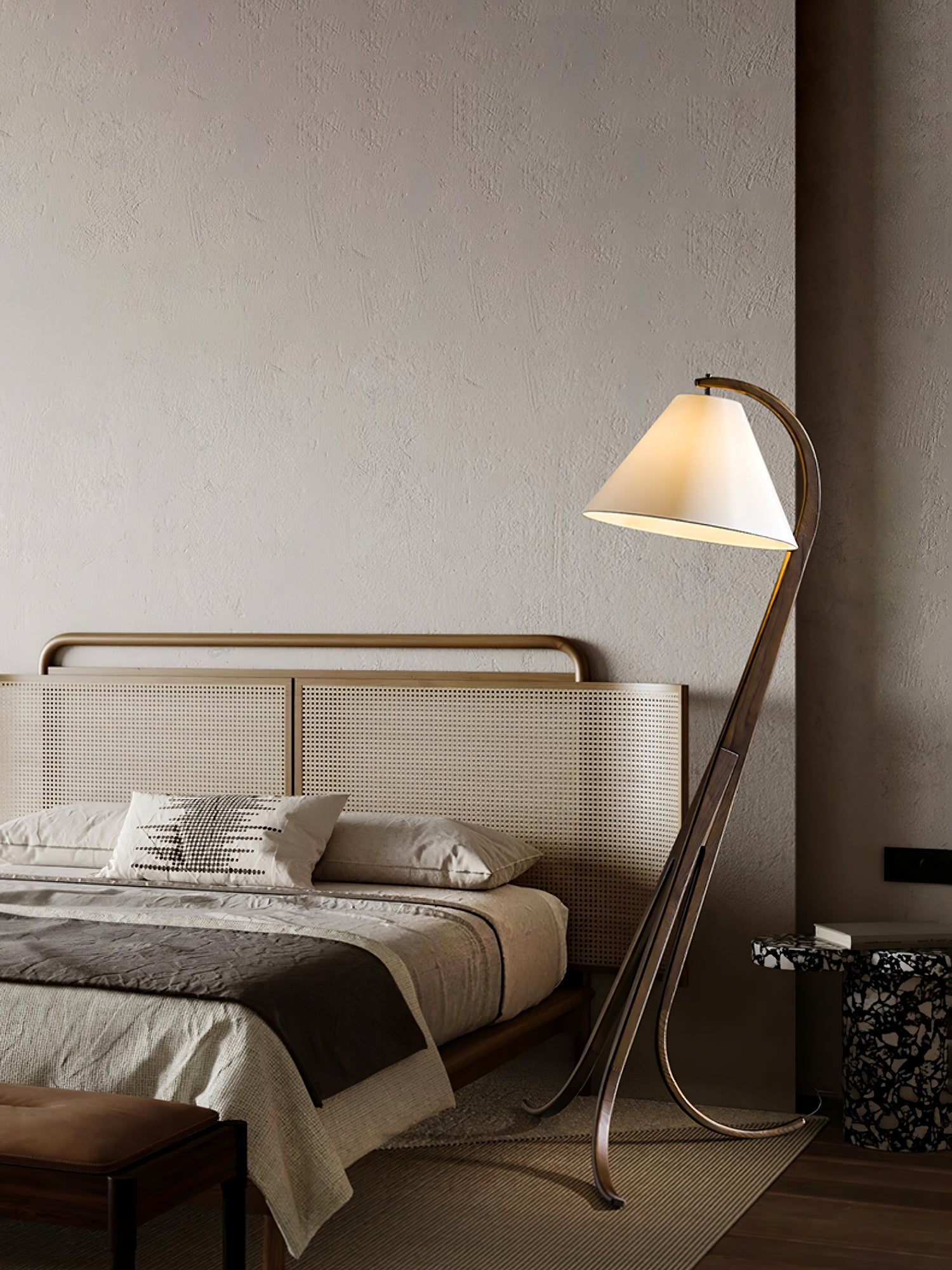 Bowen Curved Wood Arc Floor Lamp with Cone Shade for Living Room Study