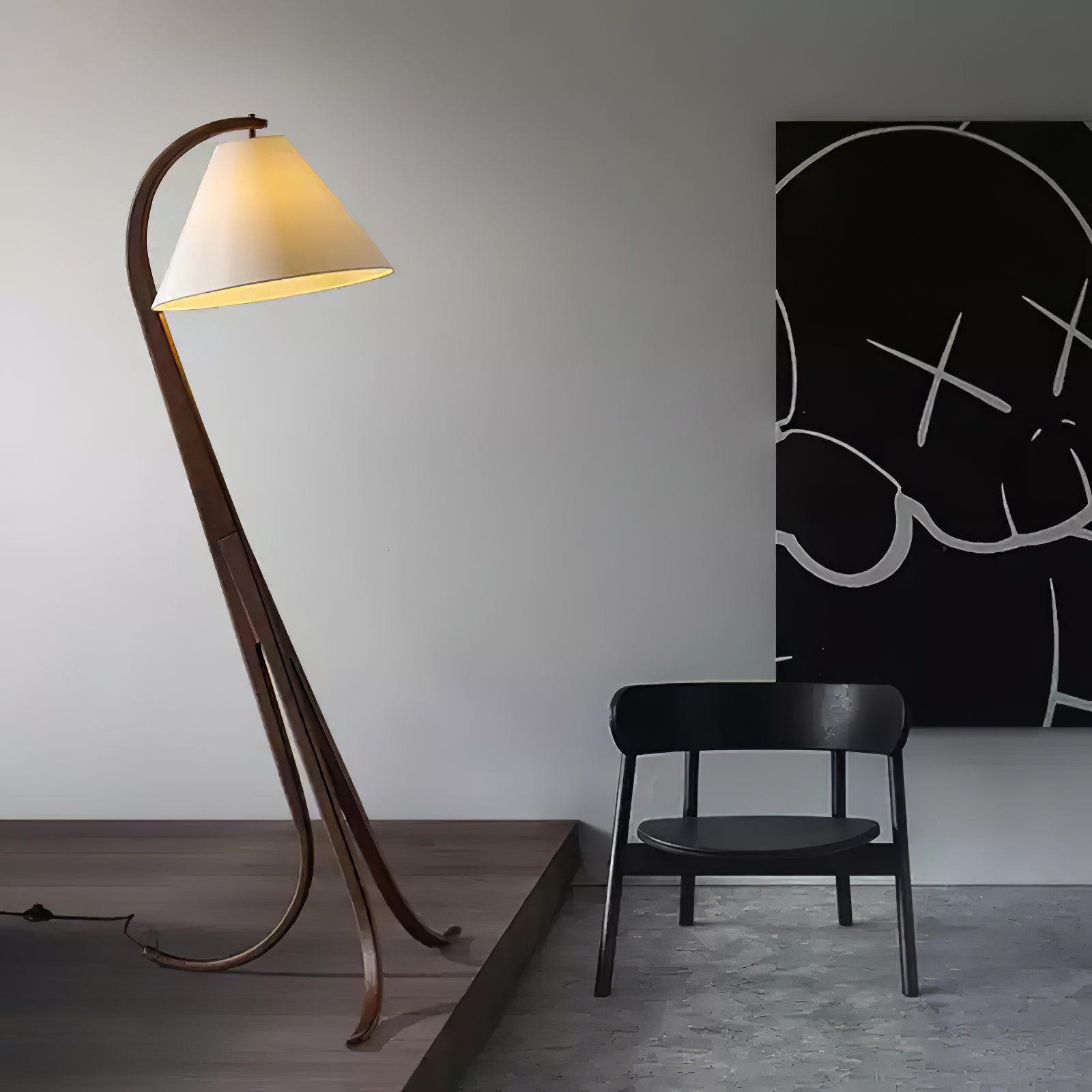 Bowen Curved Wood Arc Floor Lamp with Cone Shade for Living Room Study