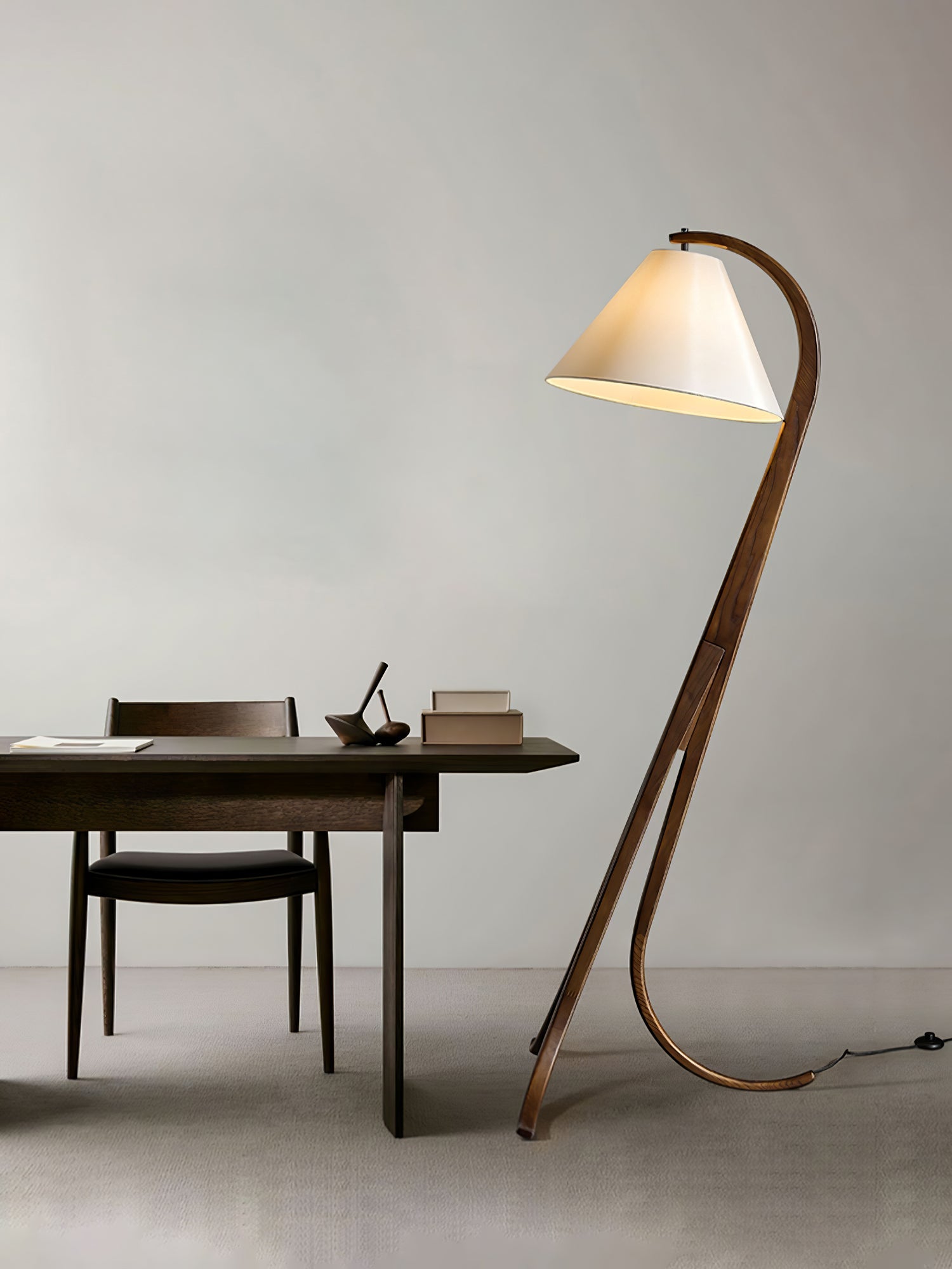 Bowen Curved Wood Arc Floor Lamp with Cone Shade for Living Room Study