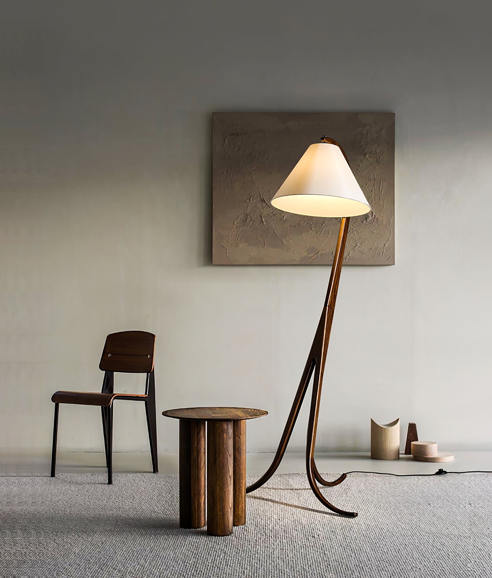Bowen Curved Wood Arc Floor Lamp with Cone Shade for Living Room Study