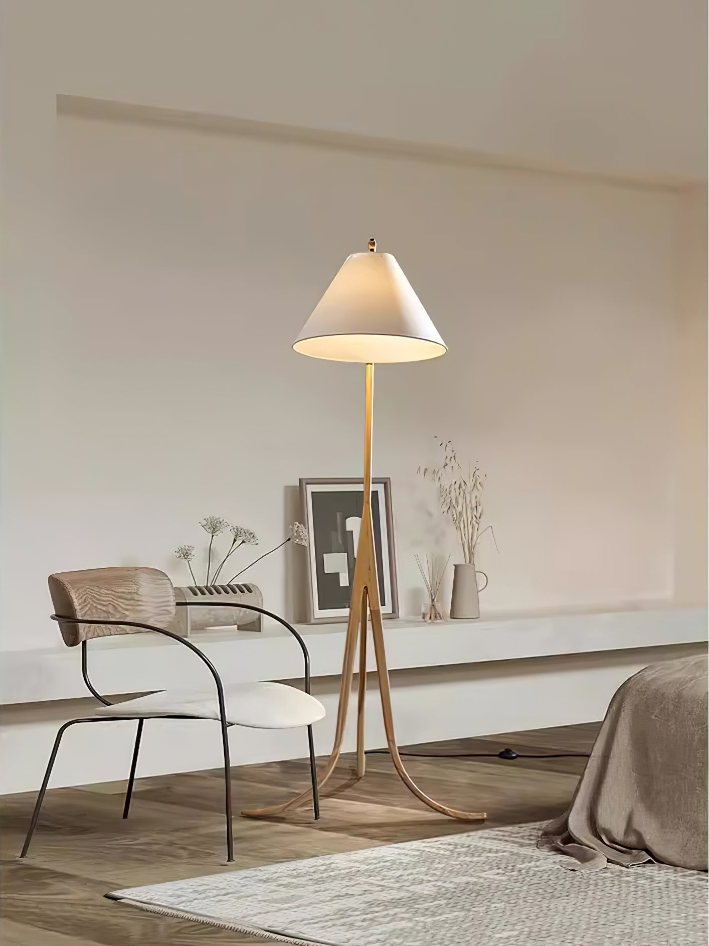 Bowen Curved Wood Arc Floor Lamp with Cone Shade for Living Room Study