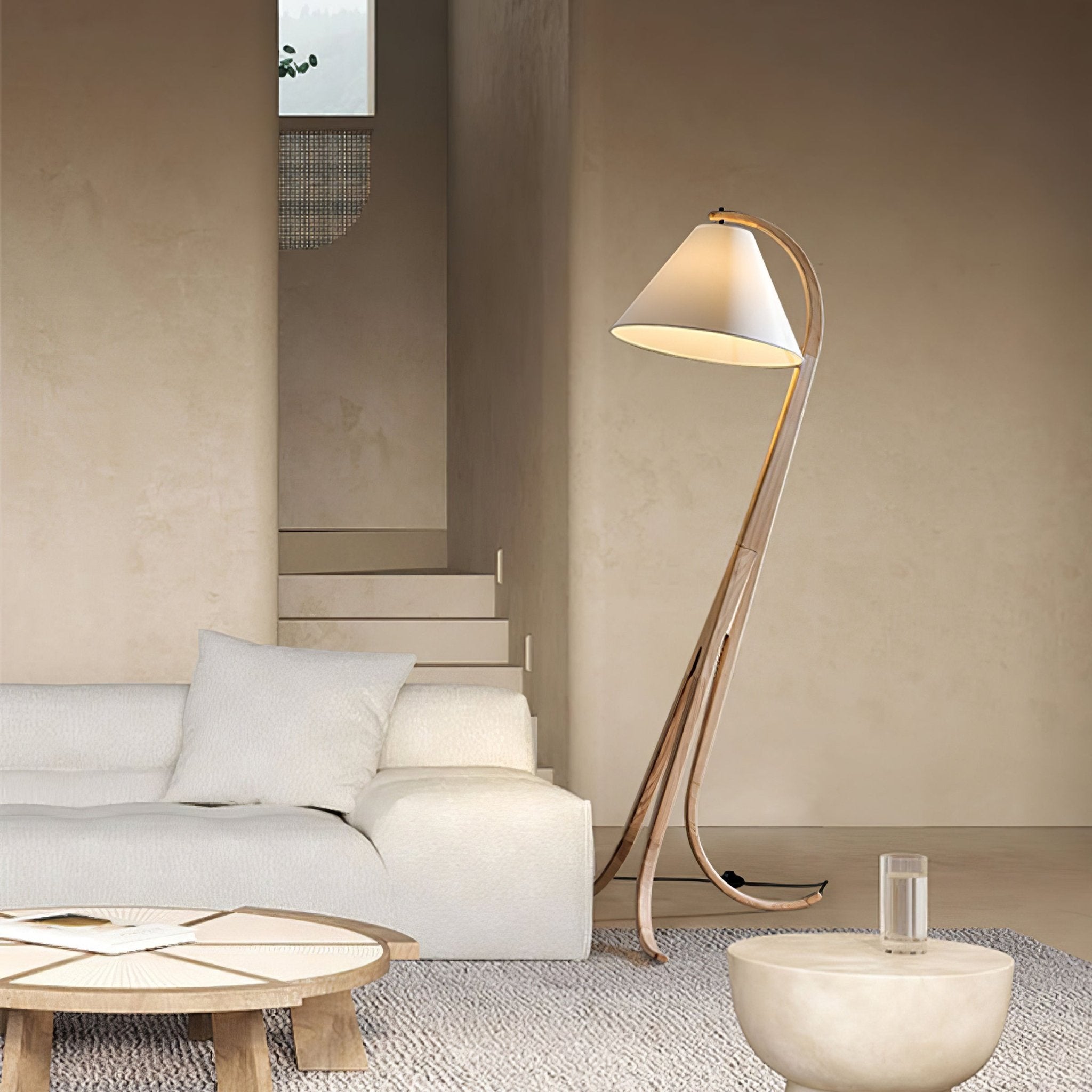 Bowen Curved Wood Arc Floor Lamp with Cone Shade for Living Room Study