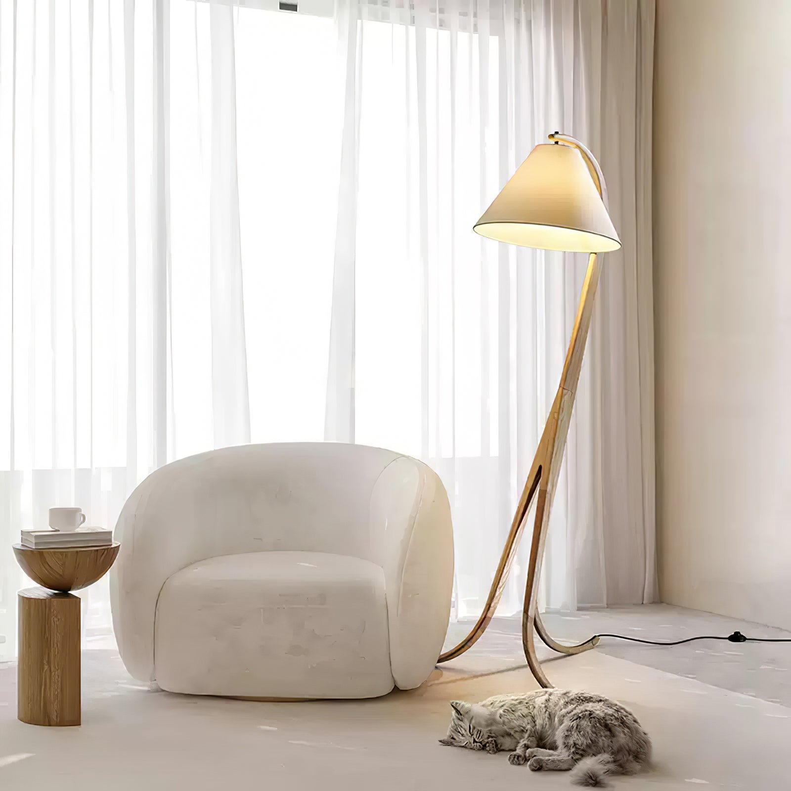 Bowen Curved Wood Arc Floor Lamp with Cone Shade for Living Room Study