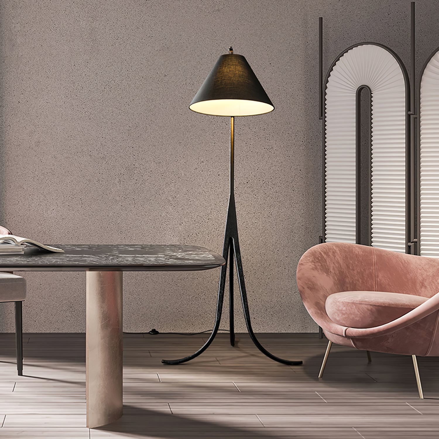 Bowen Curved Wood Arc Floor Lamp with Cone Shade for Living Room Study