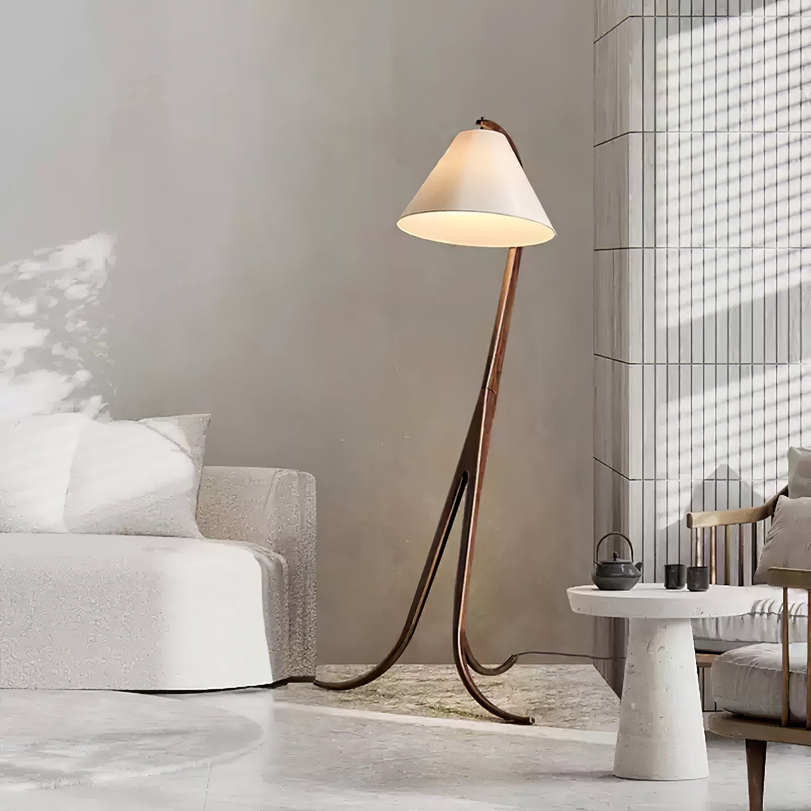 Bowen Curved Wood Arc Floor Lamp with Cone Shade for Living Room Study