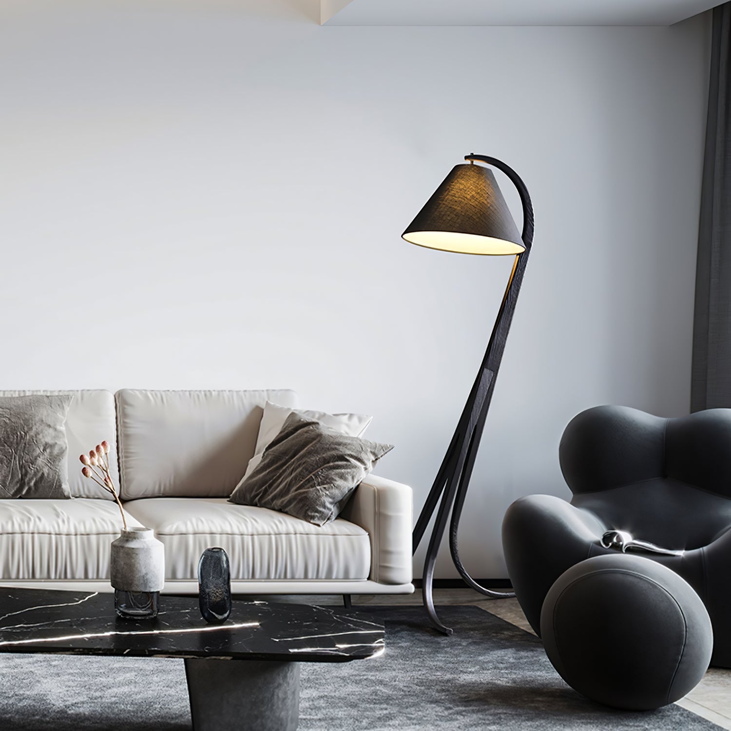 Bowen Curved Wood Arc Floor Lamp with Cone Shade for Living Room Study