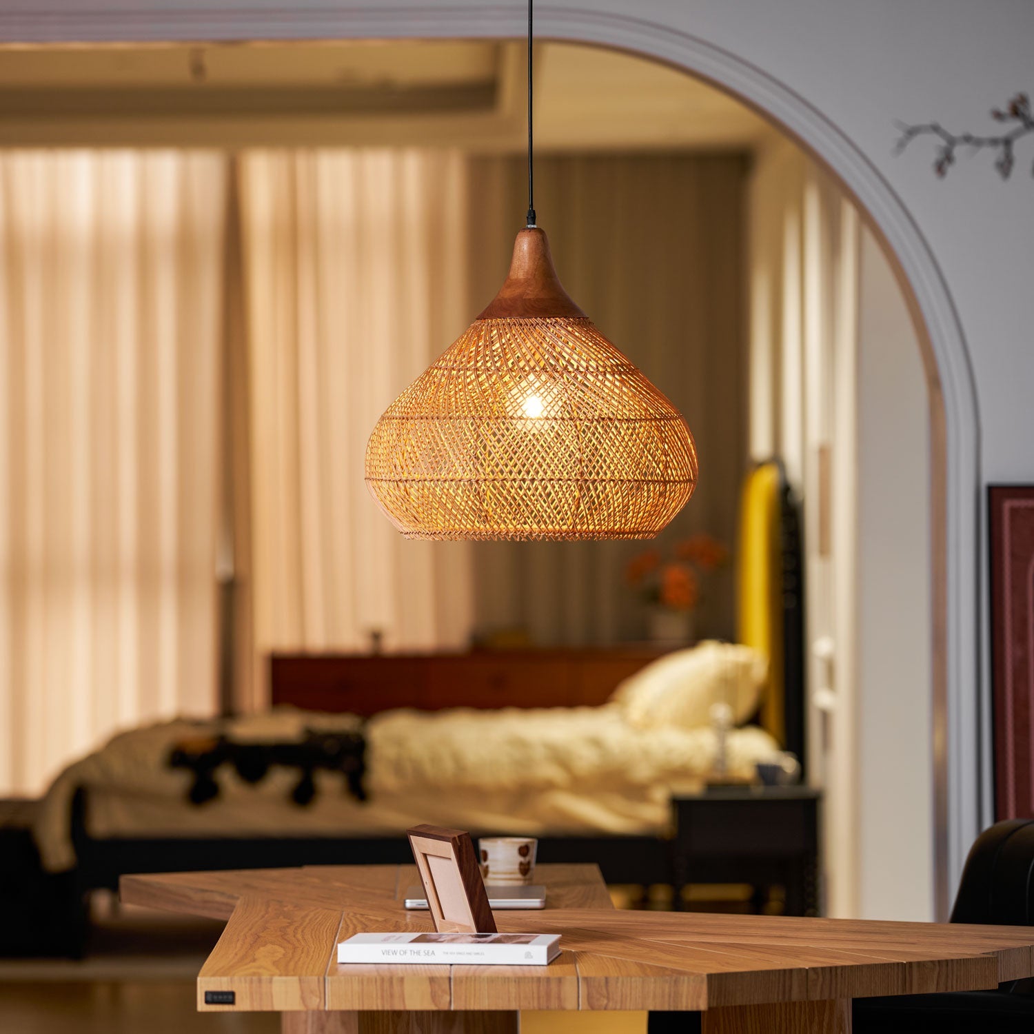 Yara Handwoven Rattan Pendant Light for Kitchen Island and Dining Room