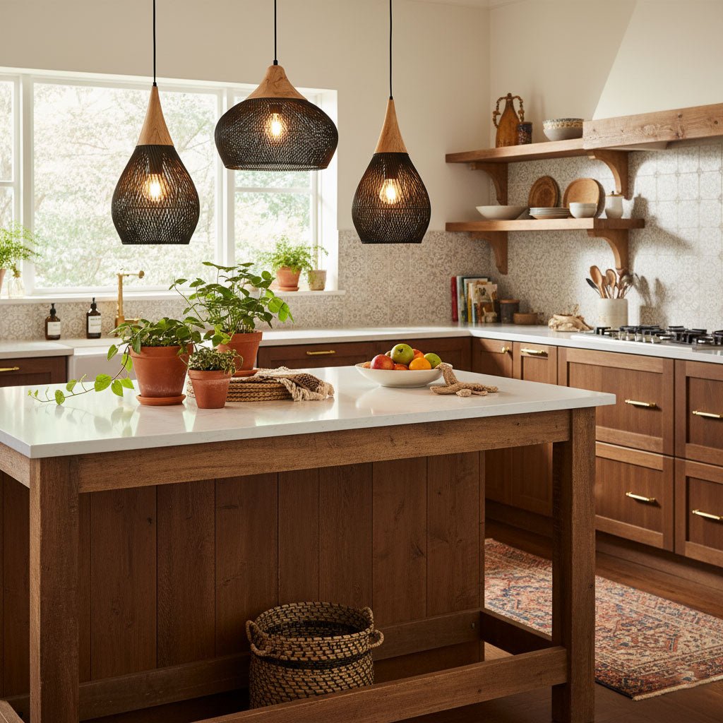 Yara Handwoven Rattan Pendant Light for Kitchen Island and Dining Room