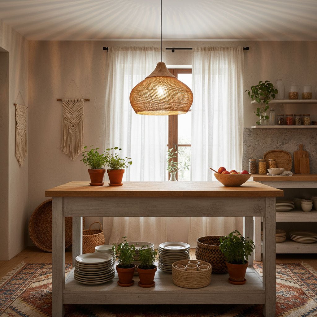 Yara Handwoven Rattan Pendant Light for Kitchen Island and Dining Room