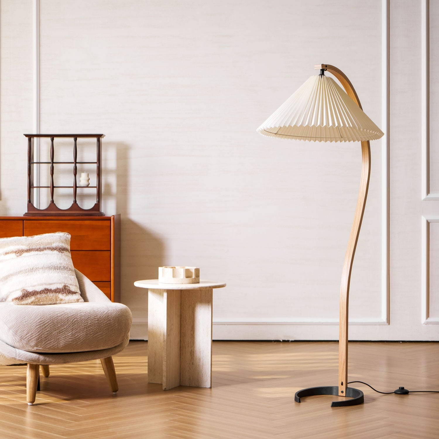 Linden Scandinavian Beechwood and Iron Floor Lamp for Living Rooms