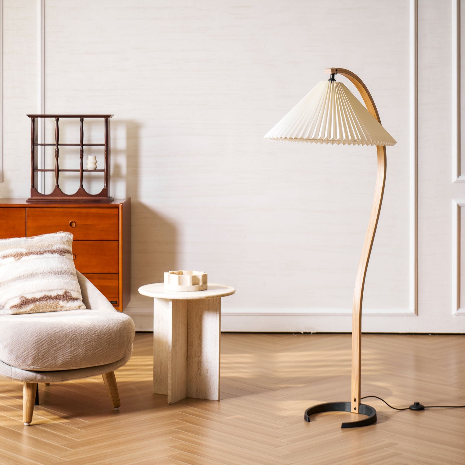 Linden Scandinavian Beechwood and Iron Floor Lamp for Living Rooms