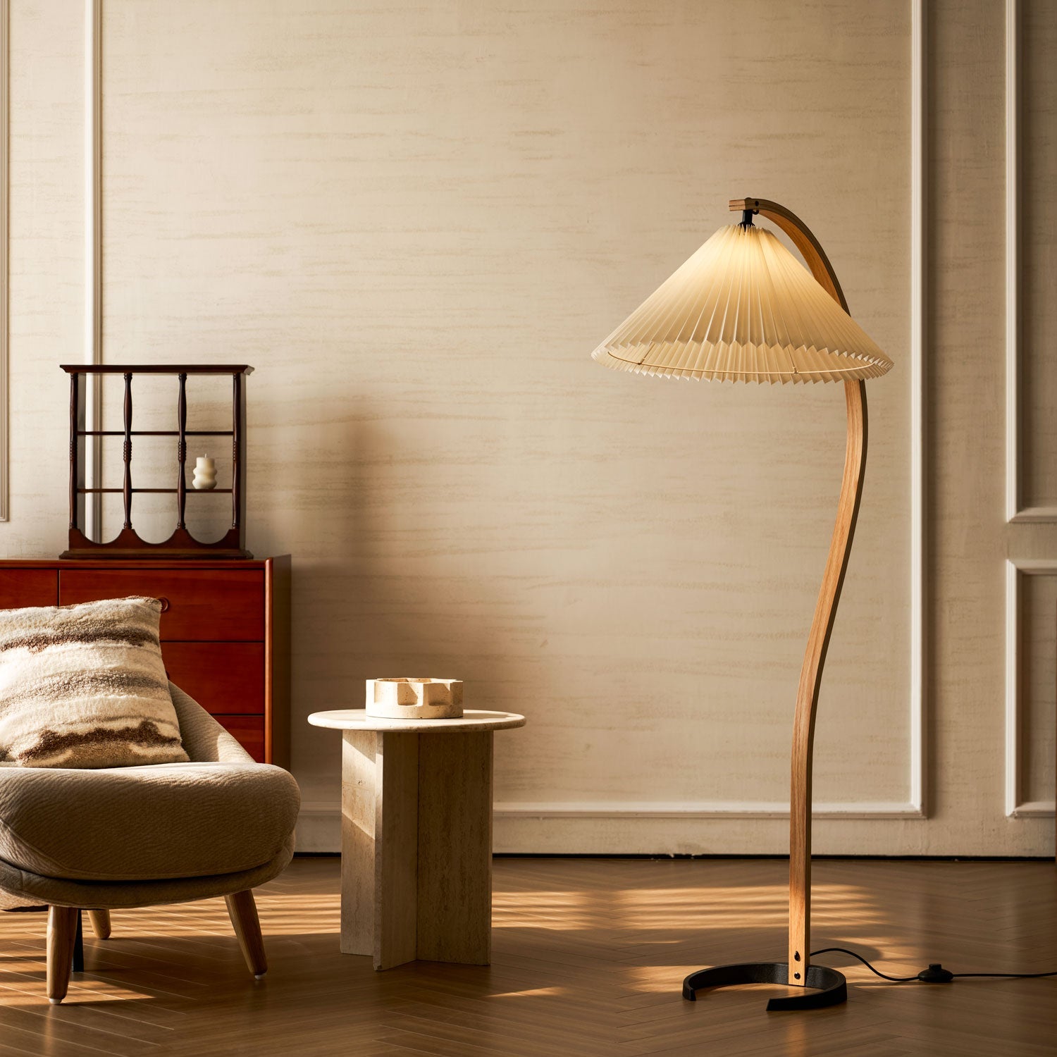 Linden Scandinavian Beechwood and Iron Floor Lamp for Living Rooms
