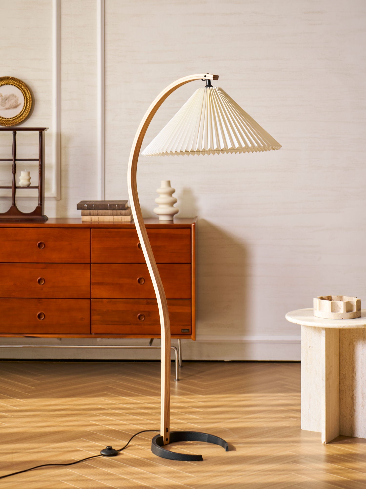 Linden Scandinavian Beechwood and Iron Floor Lamp for Living Rooms