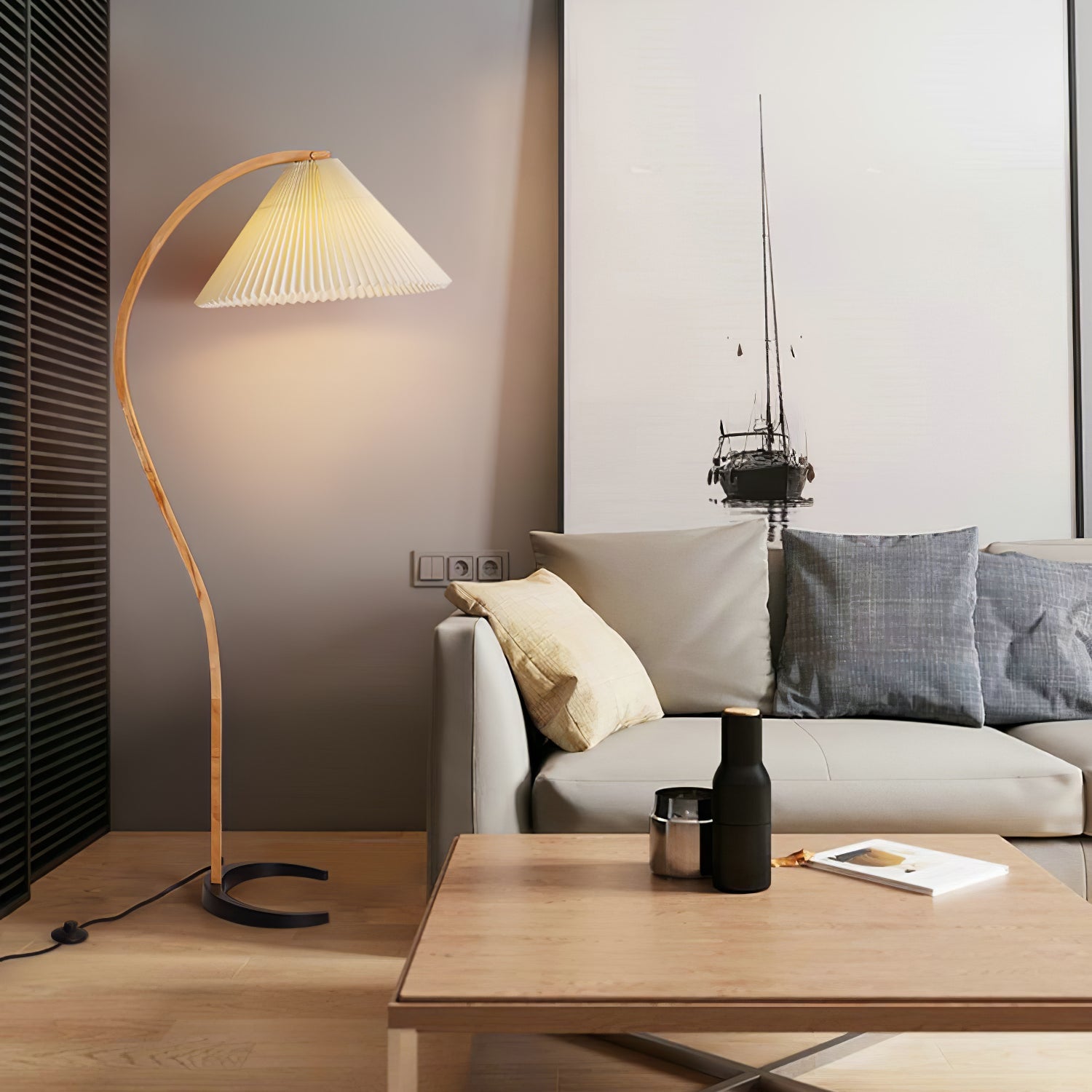 Linden Scandinavian Beechwood and Iron Floor Lamp for Living Rooms