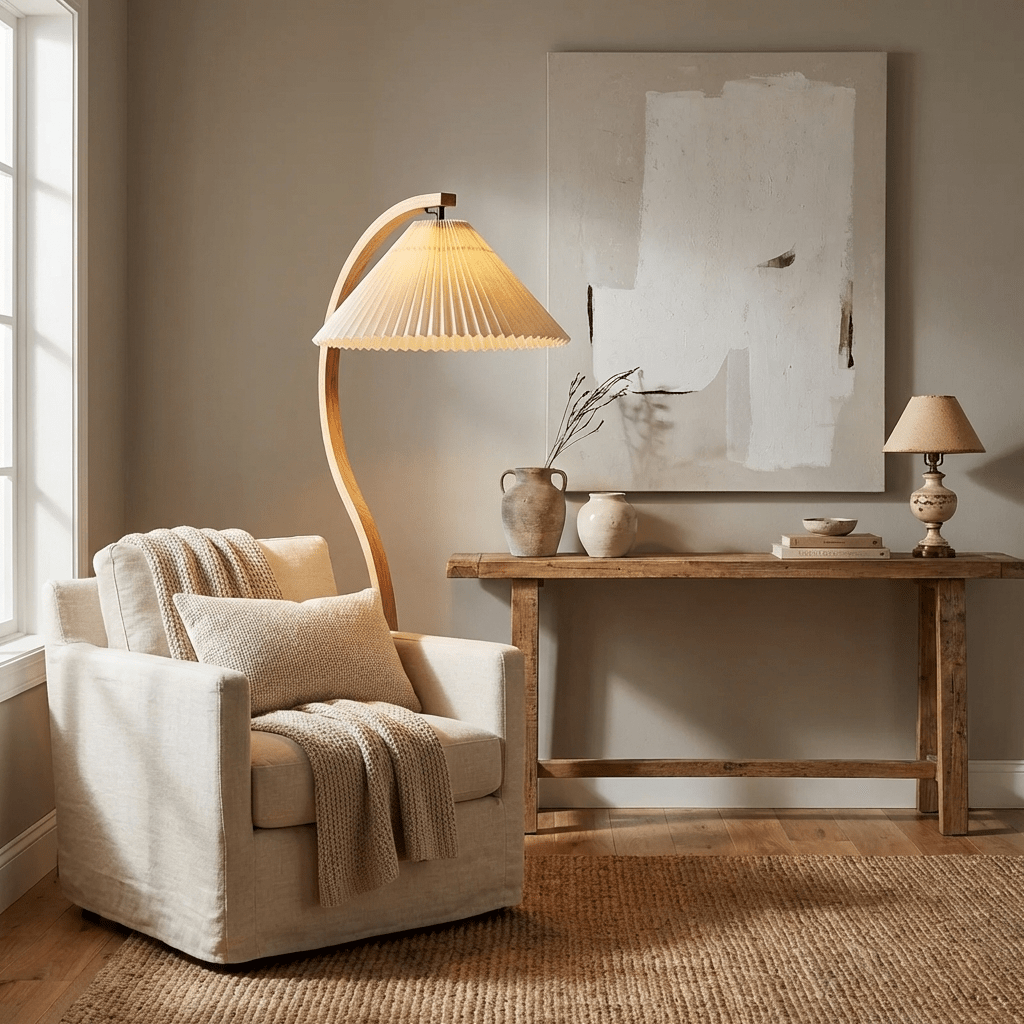 Linden Scandinavian Beechwood and Iron Floor Lamp for Living Rooms