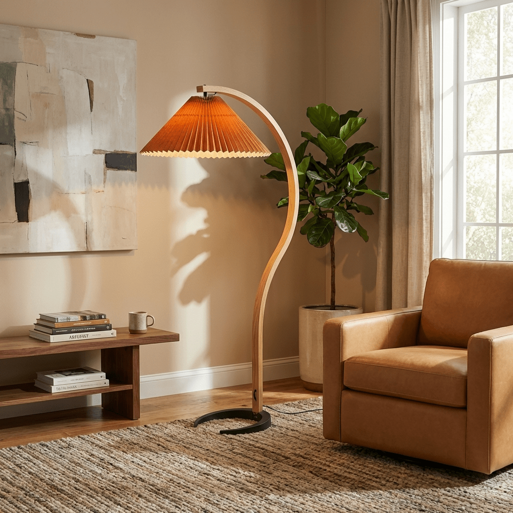Linden Scandinavian Beechwood and Iron Floor Lamp for Living Rooms