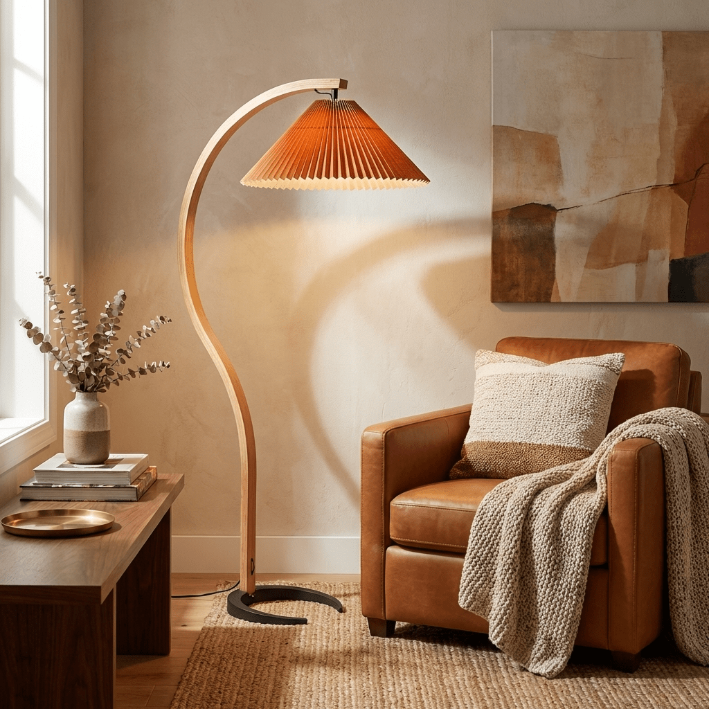 Linden Scandinavian Beechwood and Iron Floor Lamp for Living Rooms