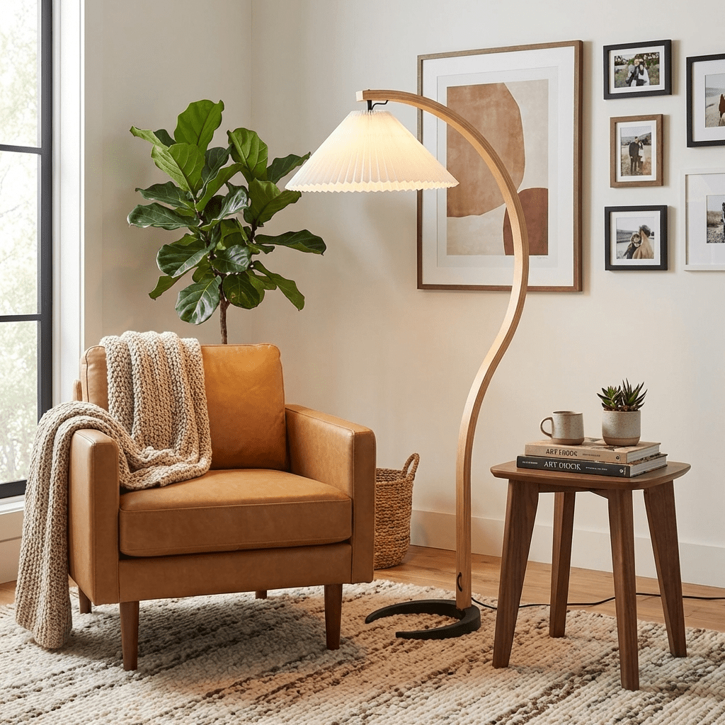 Linden Scandinavian Beechwood and Iron Floor Lamp for Living Rooms