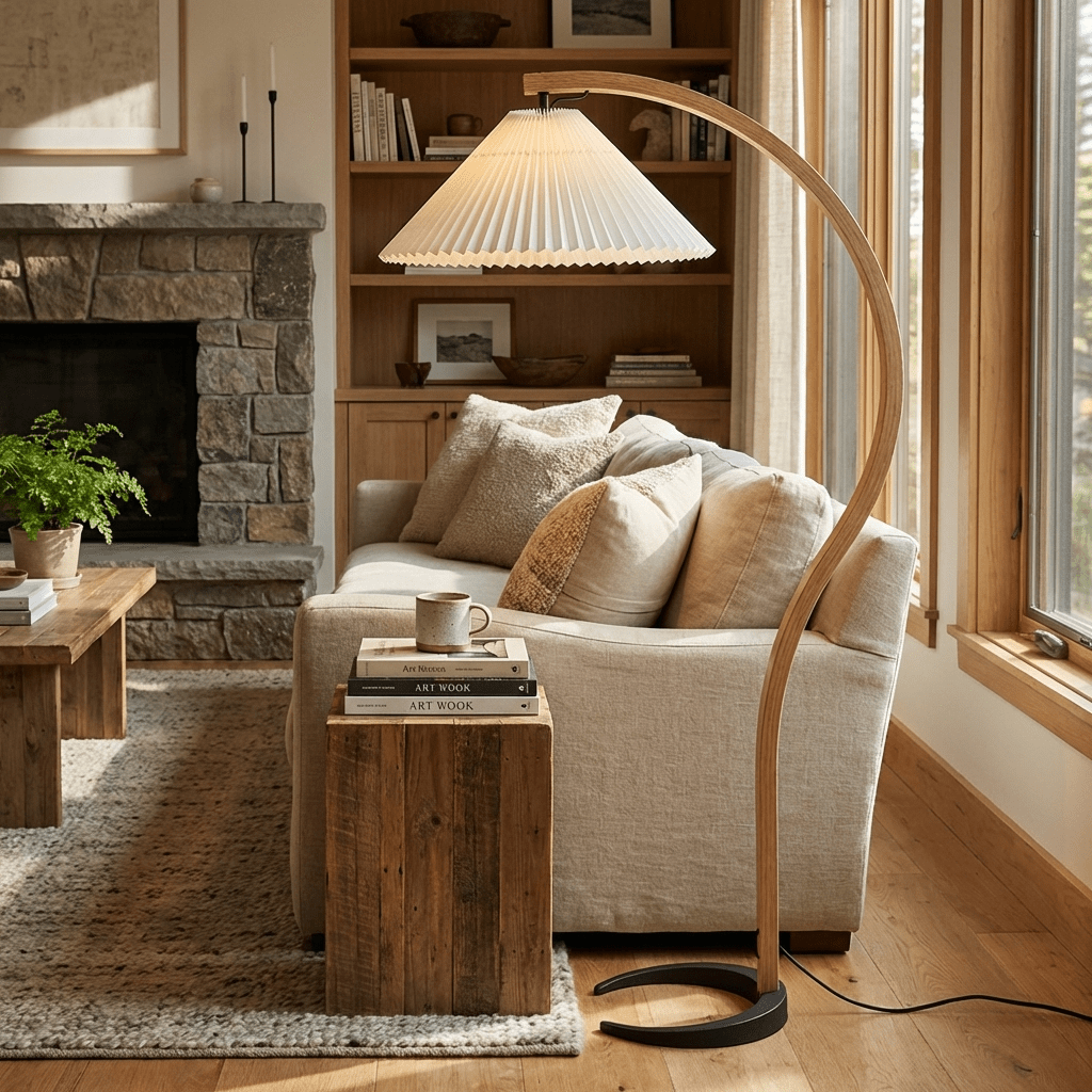 Linden Scandinavian Beechwood and Iron Floor Lamp for Living Rooms